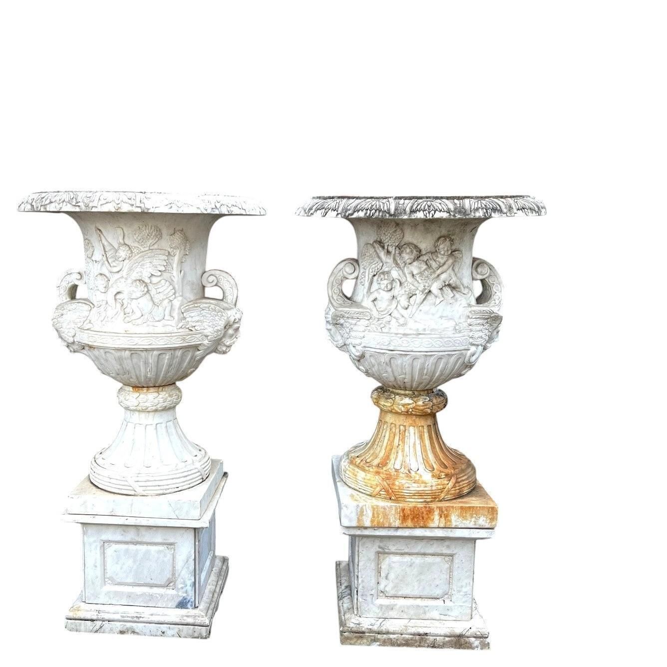 Pair Of White Marble Bowl Vases With Base, Italy