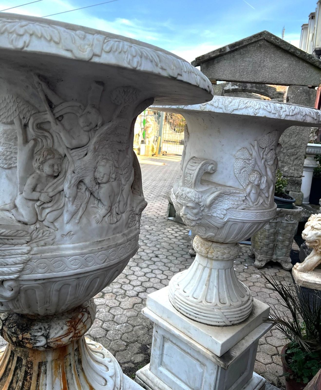 photo buy Pair Of White Marble Bowl Vases With Base, Italy
