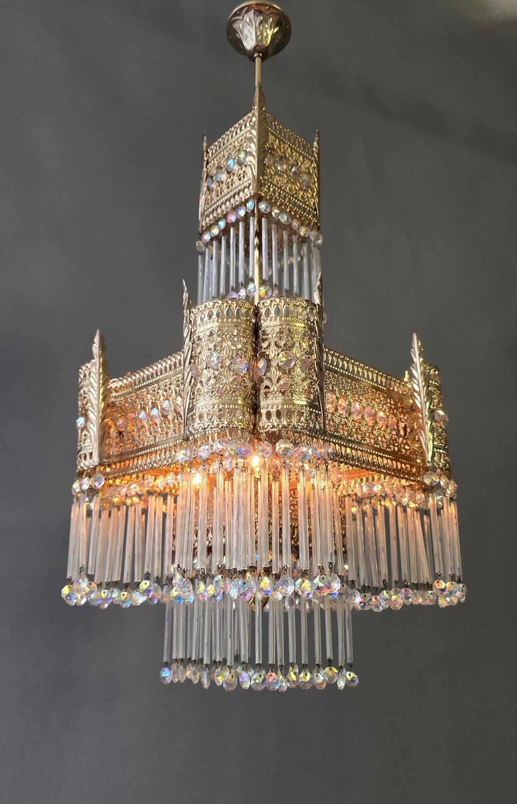 Hollywood Regency Gilt Bronze And Crystal Chandelier, Maison Jansen Style, 1970s photo 2087.0