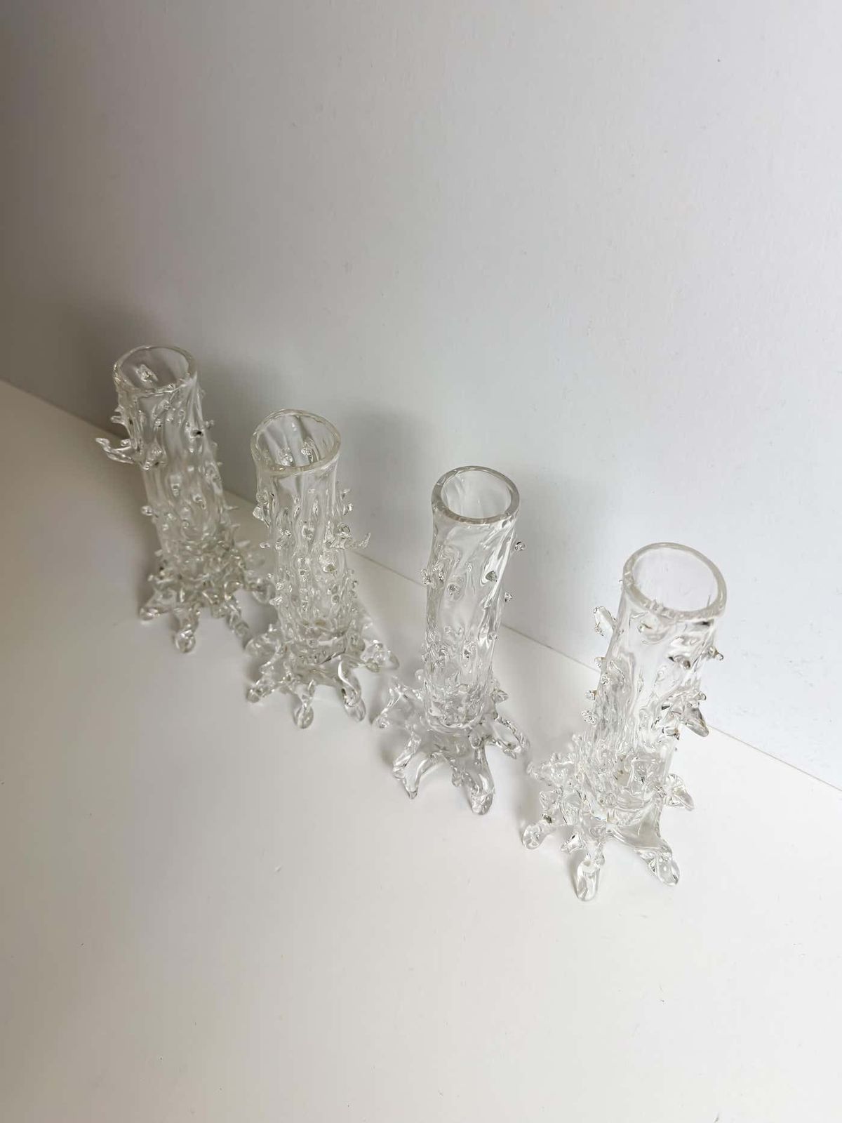 Set Of Four Victorian Hand Blown Clear Crystal Thorn Vases, Czech, 1890s photo for sale