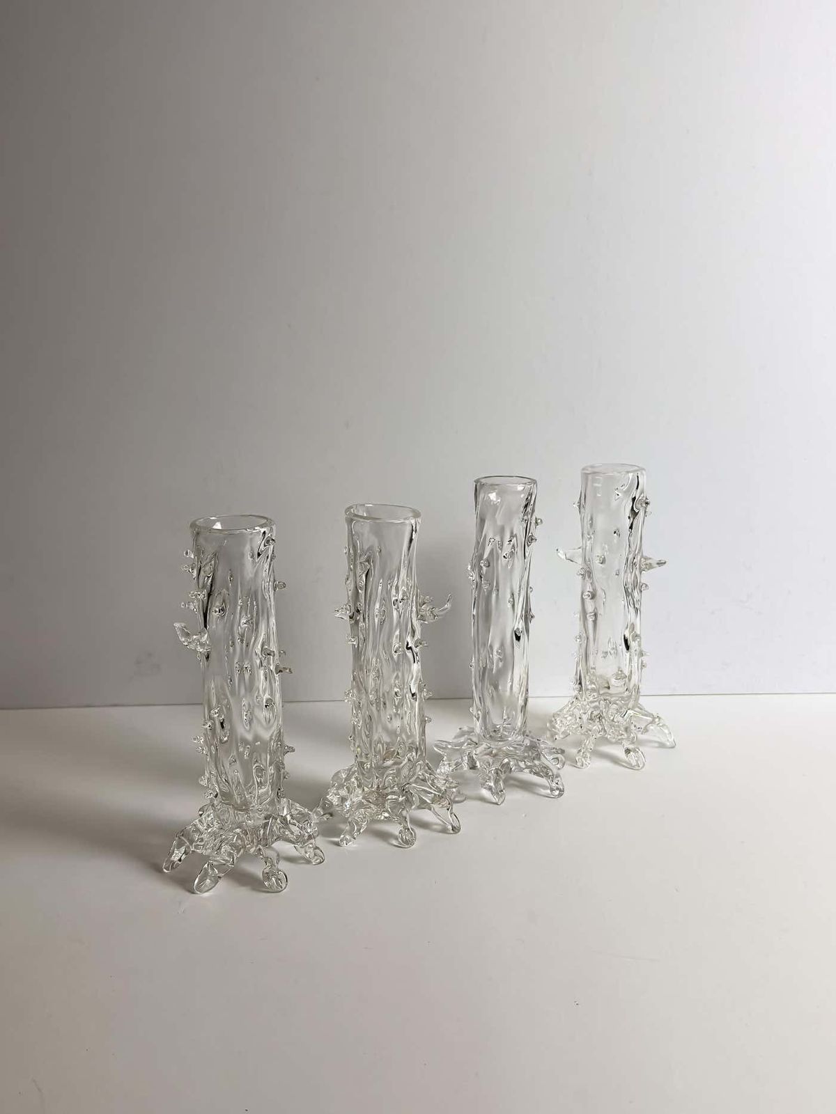 Set Of Four Victorian Hand Blown Clear Crystal Thorn Vases, Czech, 1890s photo vintage