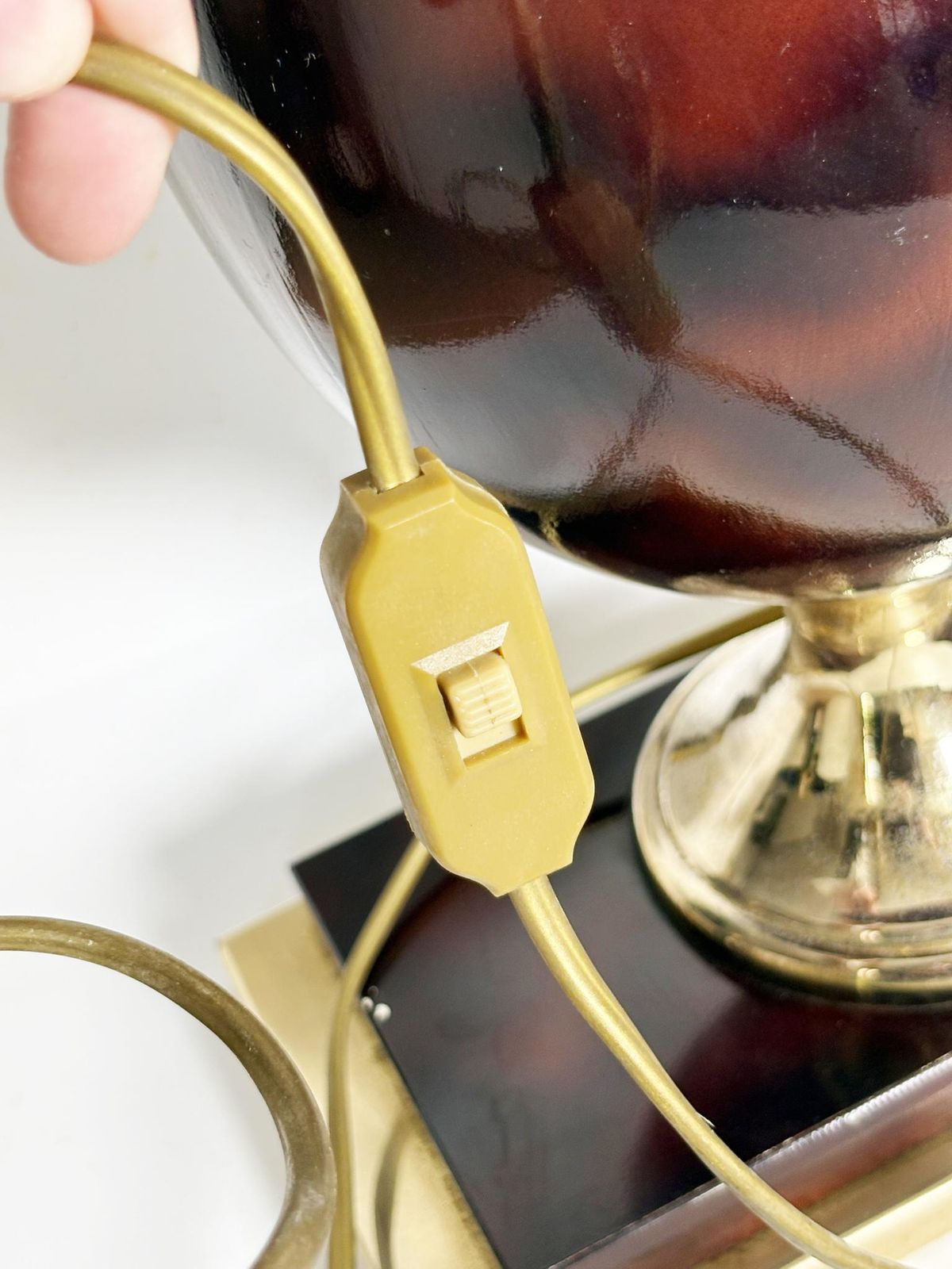 photo furniture Burgundy Colored Lamp With Brass Accents, France, 1970