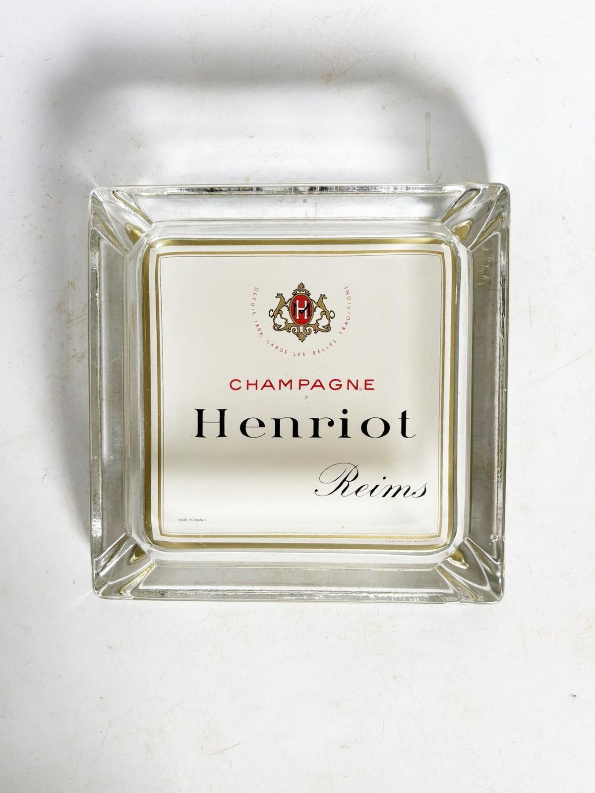 Henriot Champagne Ashtray, Thick Glass, Square Design, France, 1960s photo furniture