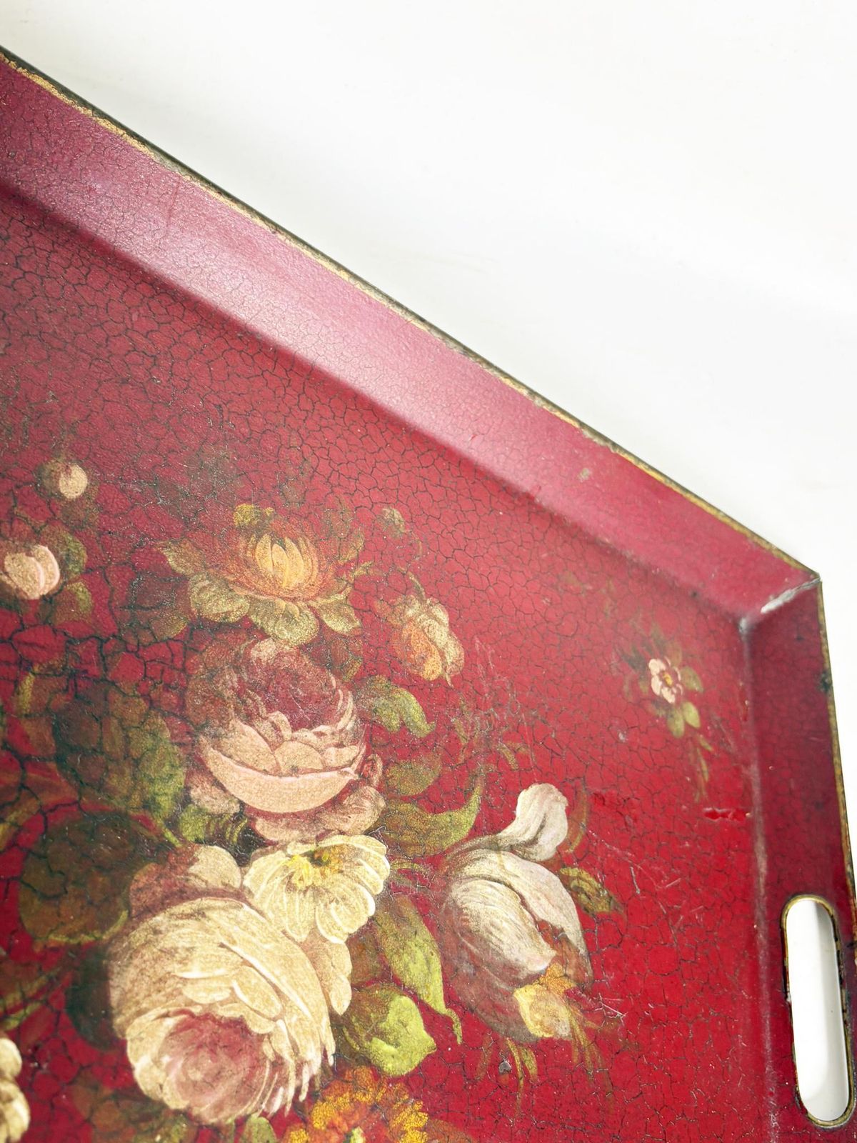 photo for sale Red Iron Tray With Floral Motif, France, 1940