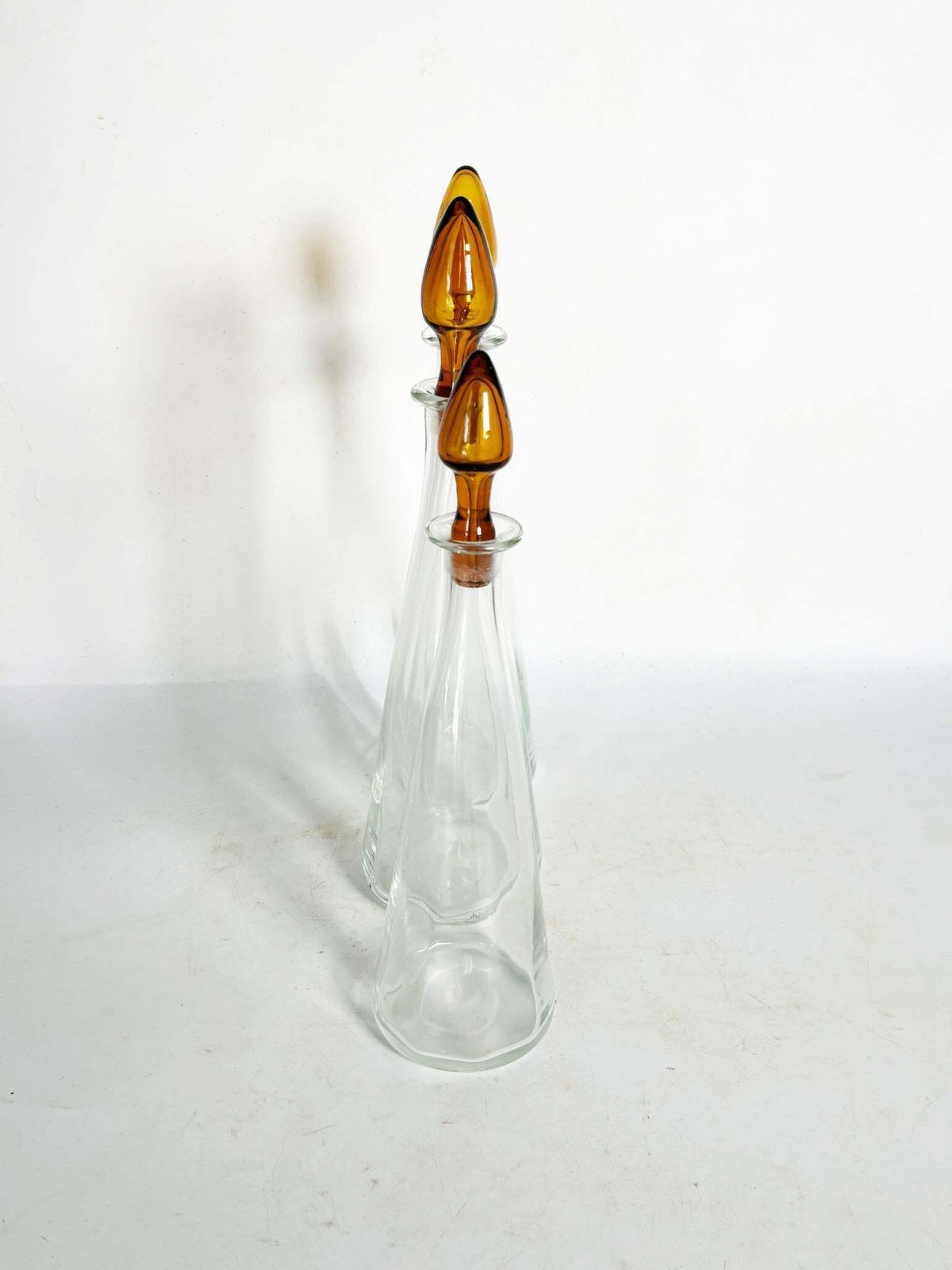 photo furniture Set Of 3 Art Glass Bottles With Orange Brown Stoppers, France, 1970