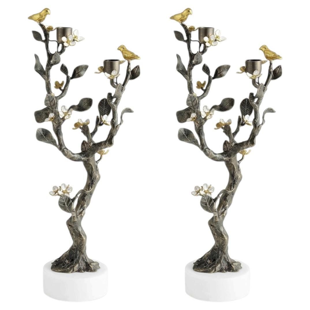 Pair Of Handcrafted Bronze Gold Lovebirds Candelabra
