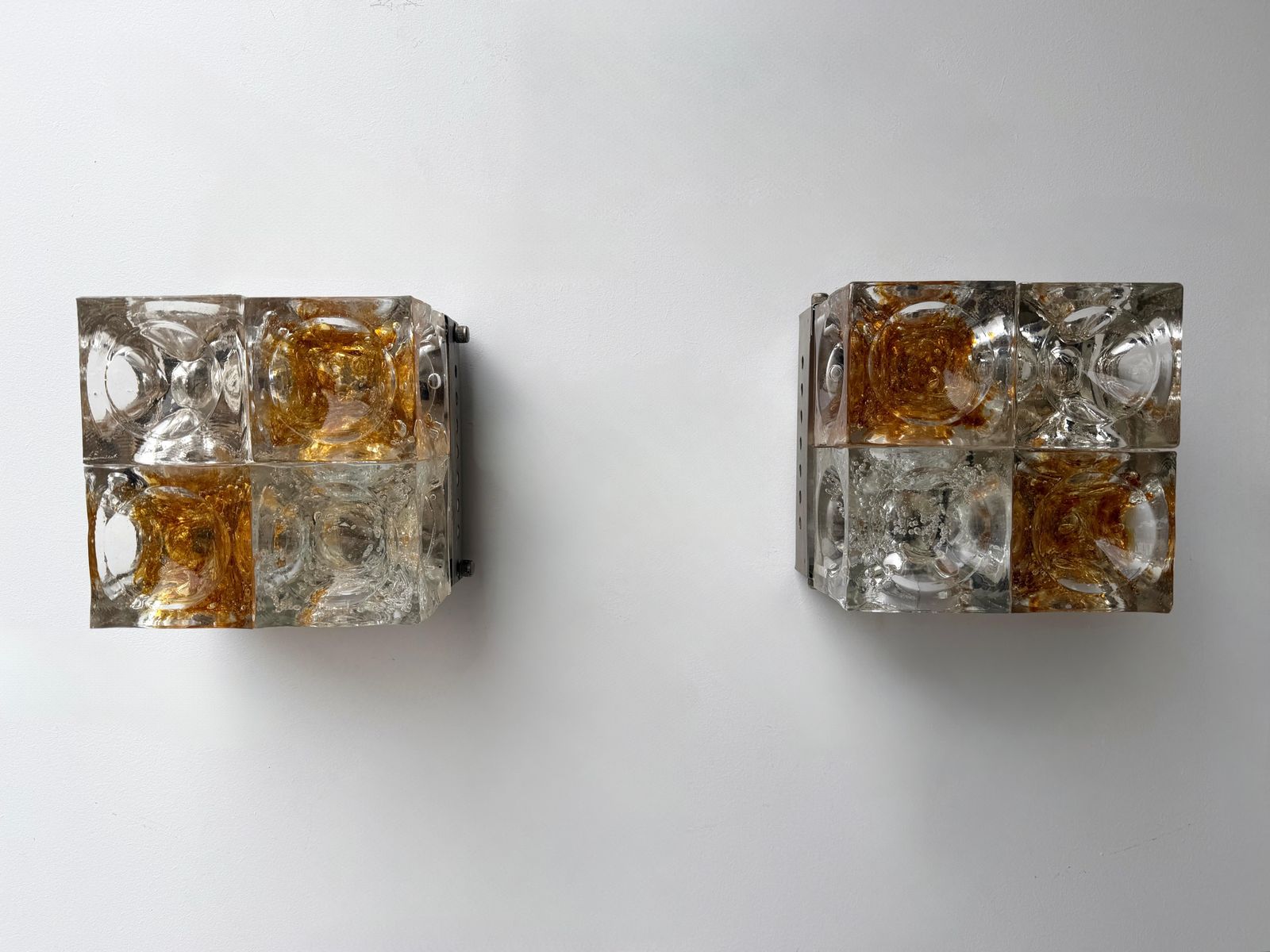 Pair Of Glass Cube Square Metal Sconces By Poliarte, Italy, 1970s photo vintage