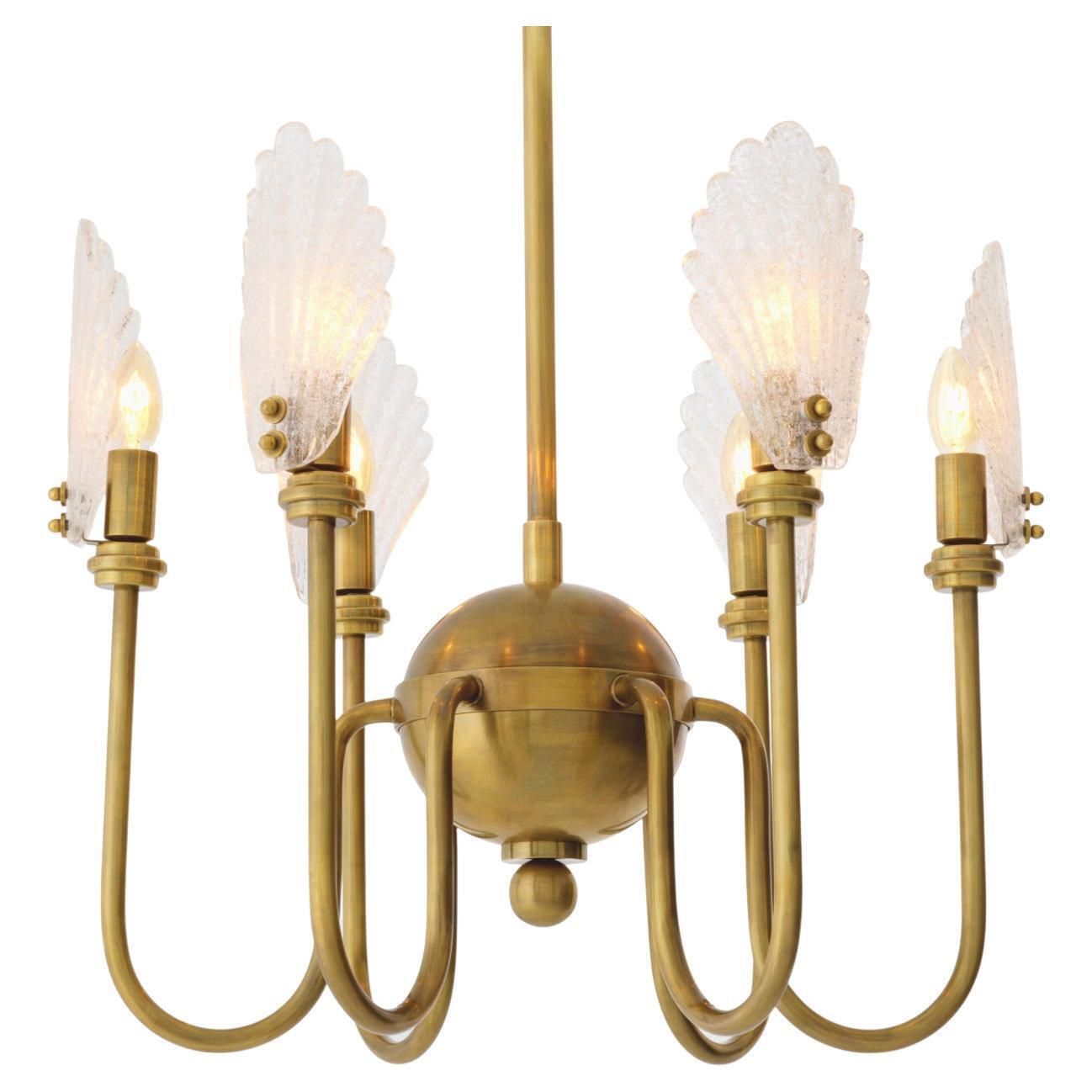Chandelier In Brass And Handmade Textured Glass, Neoclassical Style