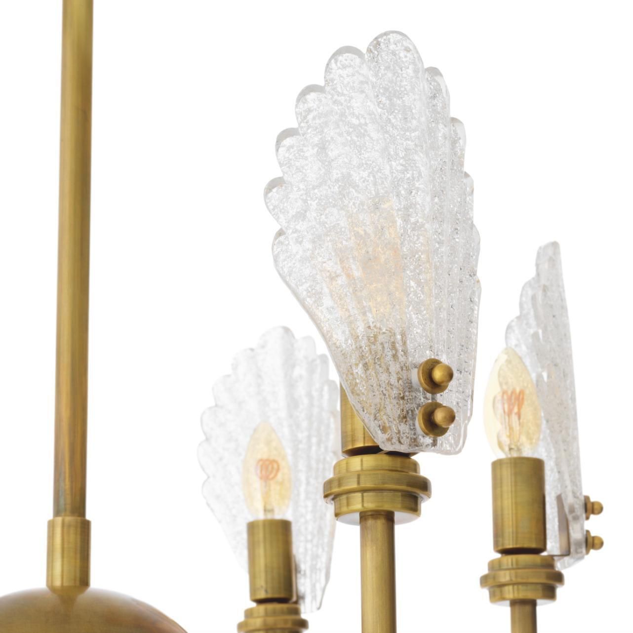 Chandelier In Brass And Handmade Textured Glass, Neoclassical Style photo vintage
