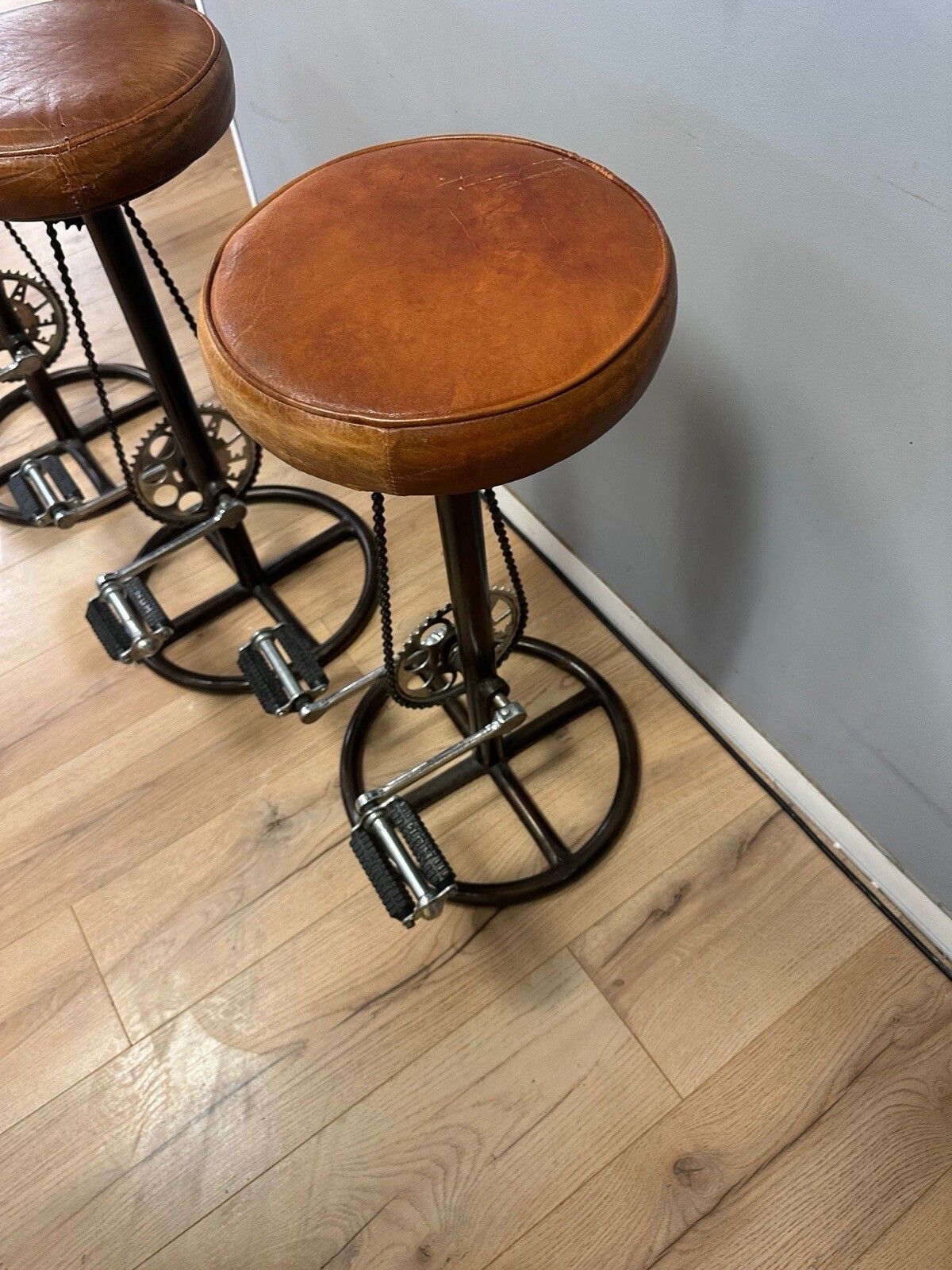 Industrial Distressed Tan Leather Bicycle Bar Stool Set Of 3 Pedal Style Vintage photo buy