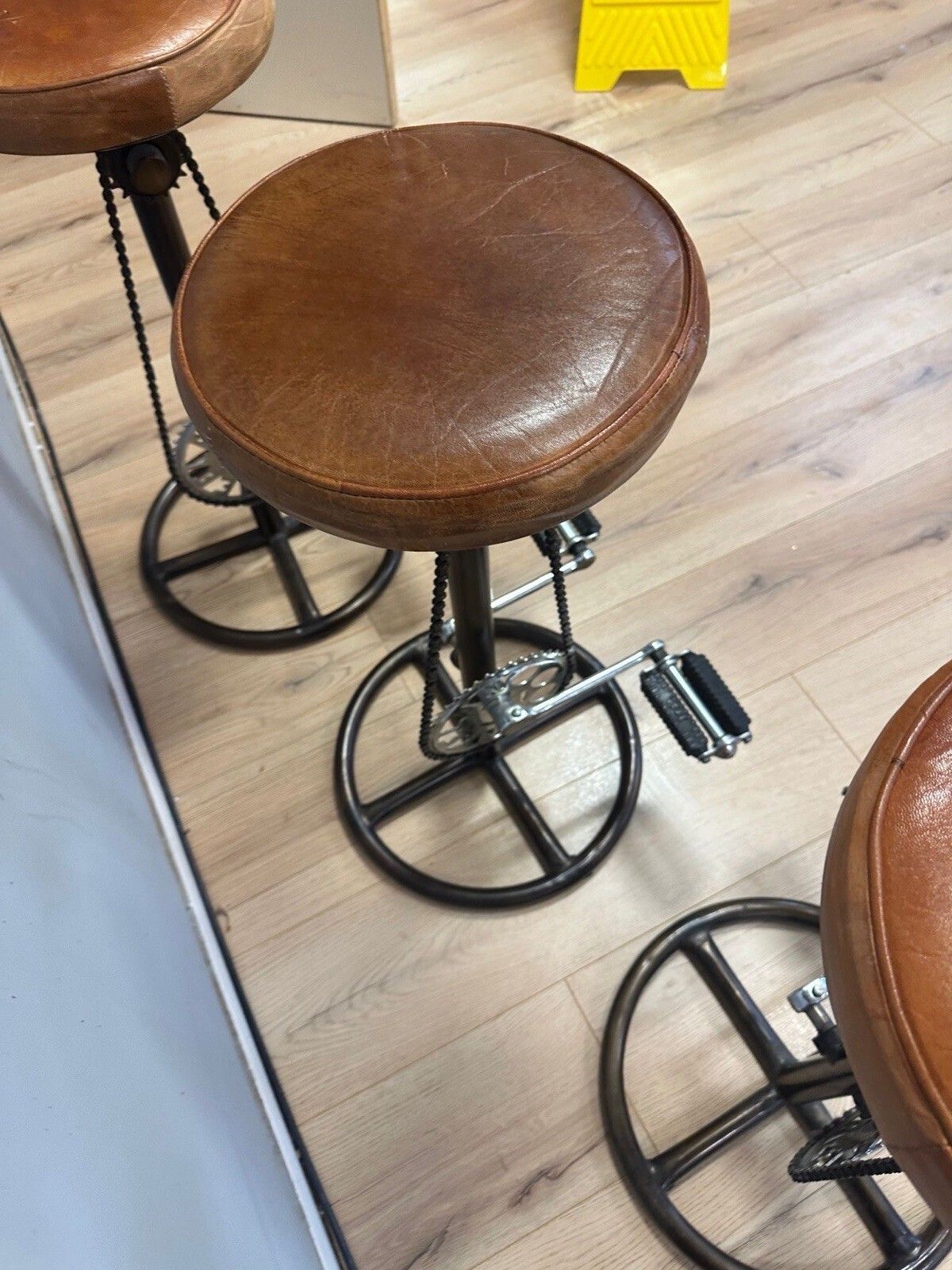 Furniture Industrial Distressed Tan Leather Bicycle Bar Stool Set Of 3 Pedal Style Vintage photo