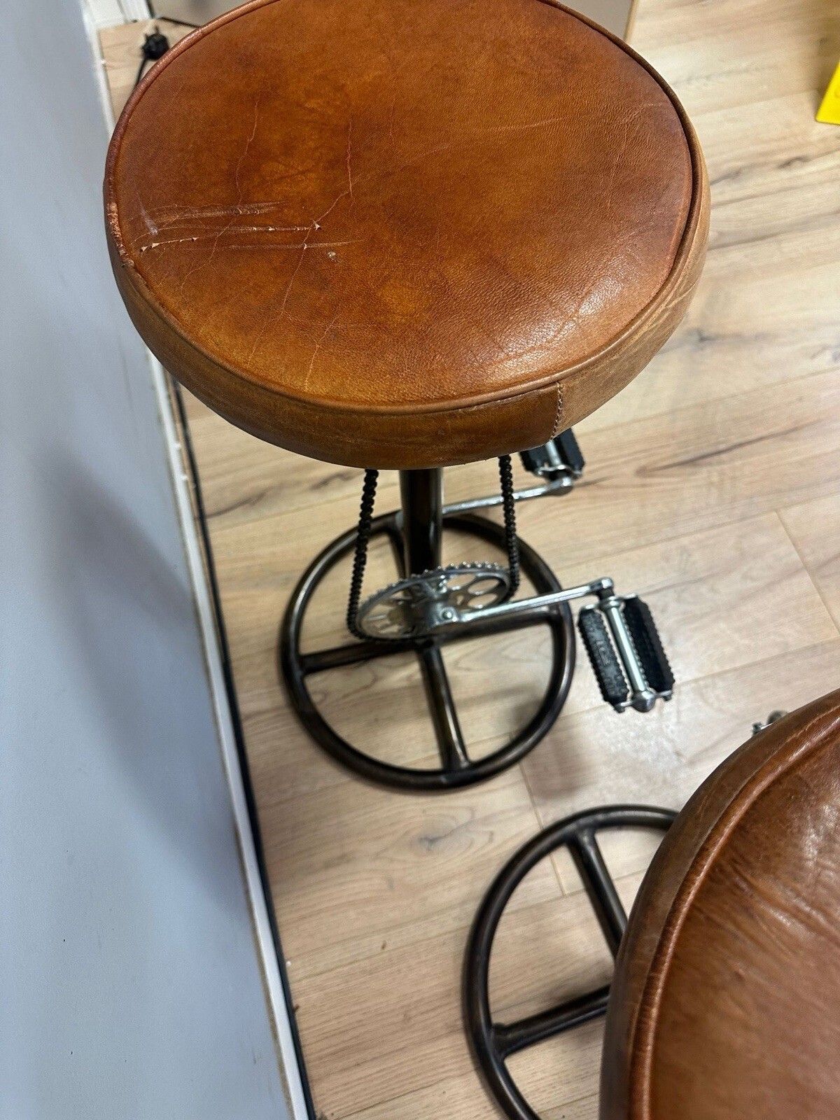 193.0 Industrial Distressed Tan Leather Bicycle Bar Stool Set Of 3 Pedal Style Vintage photo