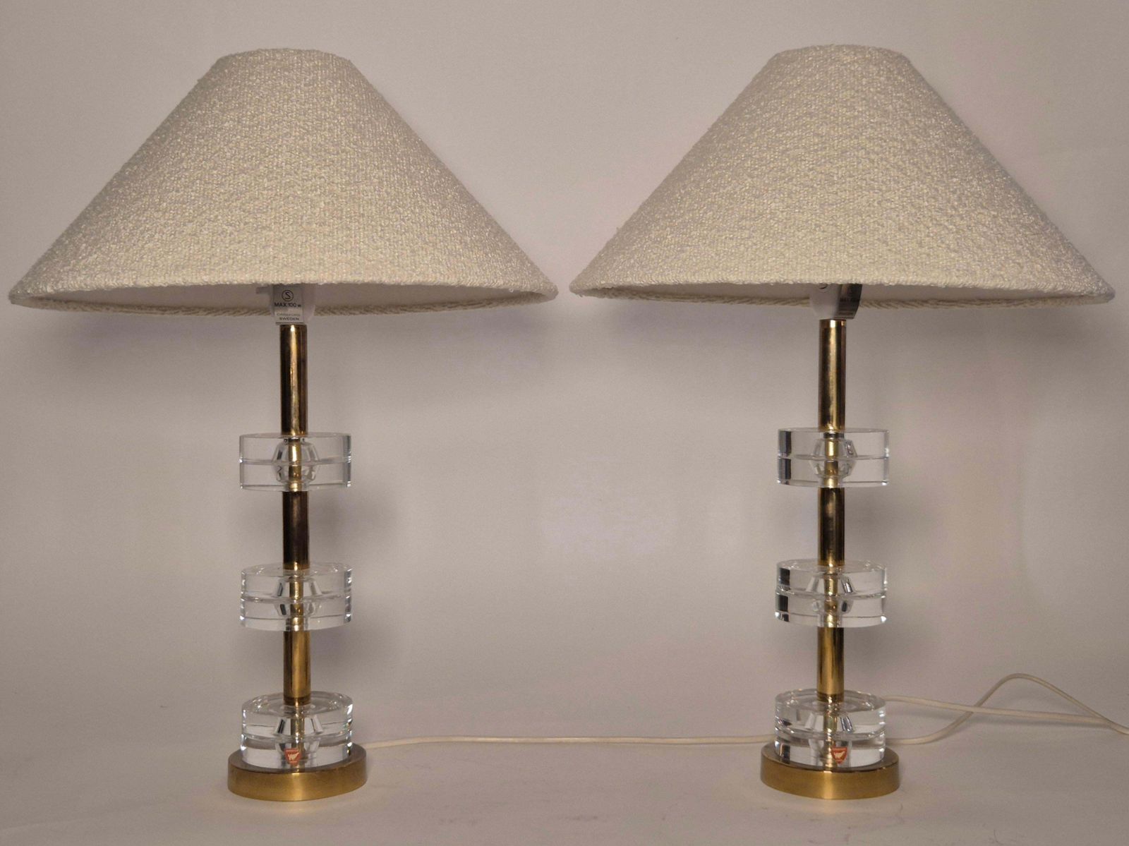 Timeless Pair Of Scandinavian Modern Table Lamps With Orrefors Glass And Brass photo vintage
