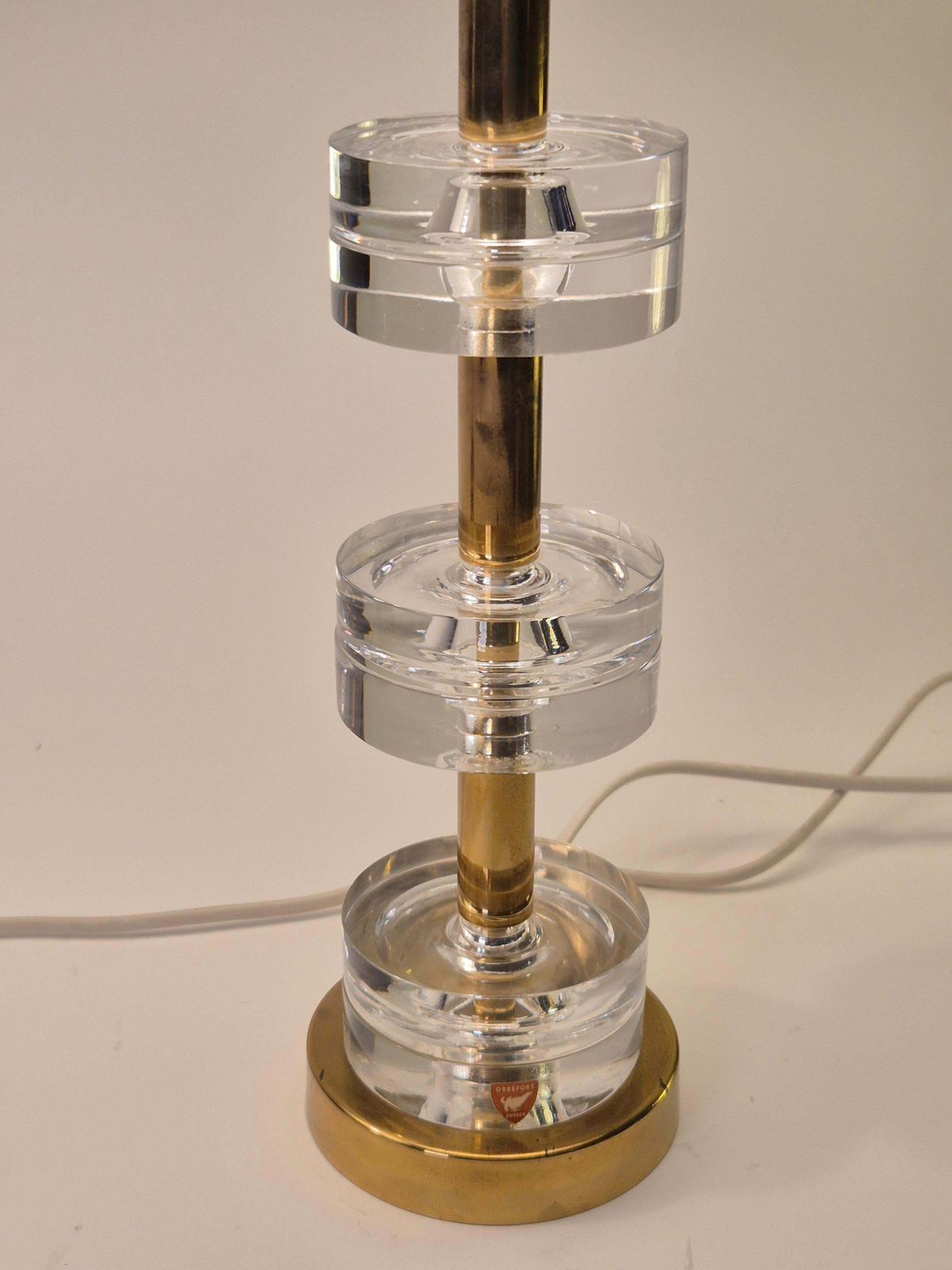 photo for sale Timeless Pair Of Scandinavian Modern Table Lamps With Orrefors Glass And Brass