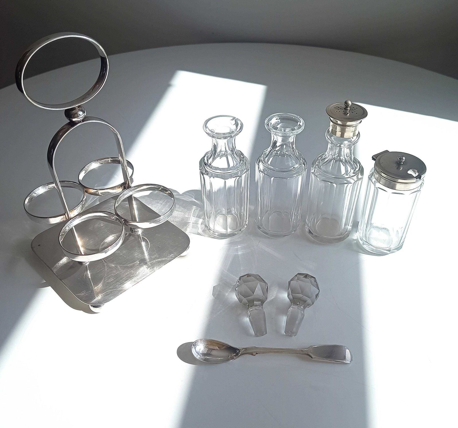 photo for sale Georgian Style Silver Plate Cruet Stand & 4 Cut Glass Condiment Bottles, England