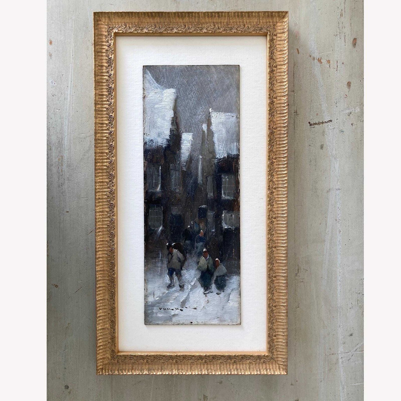 Winter Townscape   Antique Oil Painting Late 19th Century Italian Austrian Artist