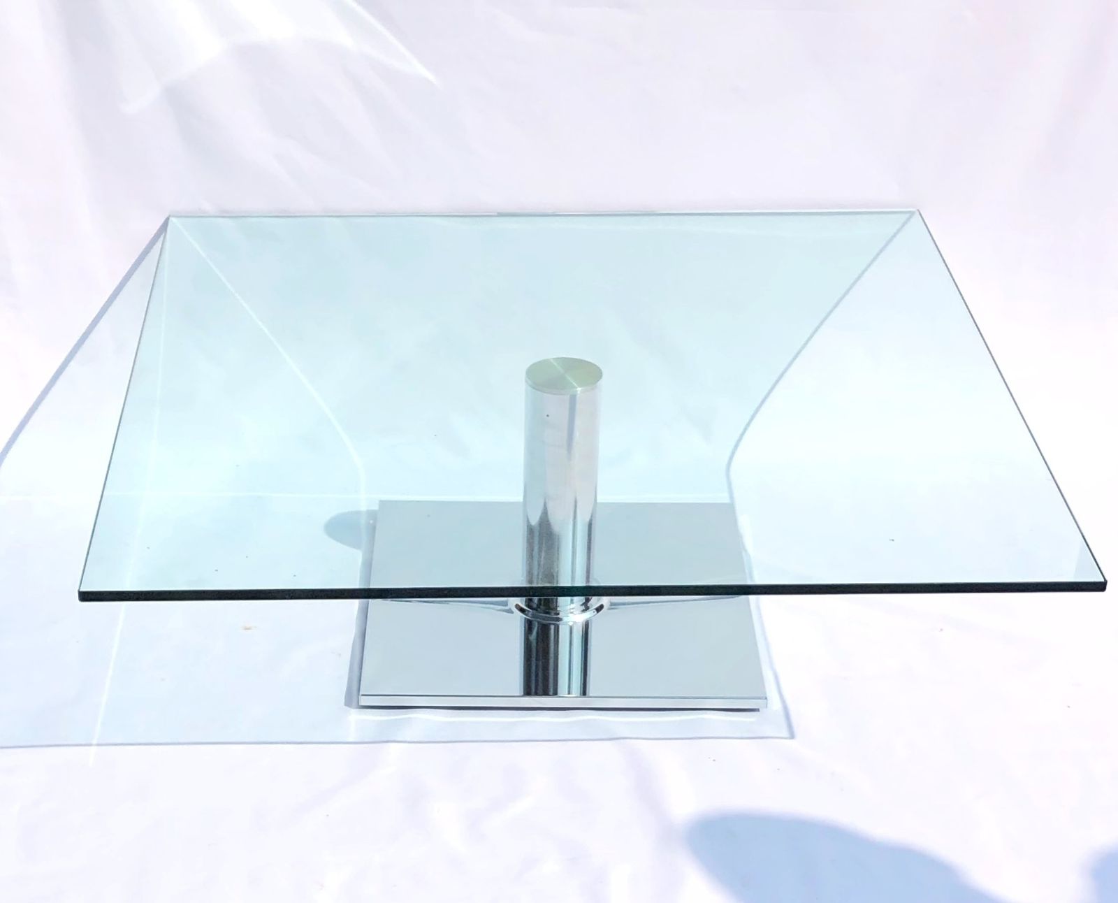 photo buy Contemporary Square Glass Coffee Table With Polished Chrome Pedestal –  Modern Design 90cm