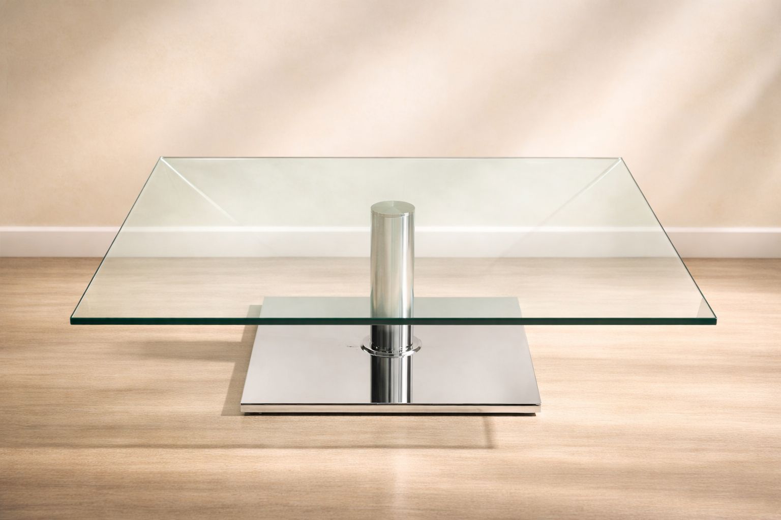 Contemporary Square Glass Coffee Table With Polished Chrome Pedestal –  Modern Design 90cm