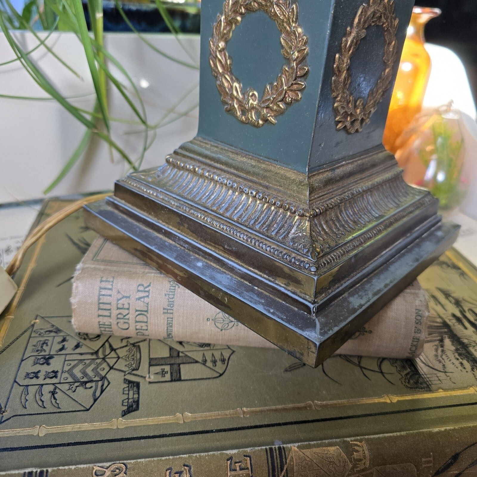 photo furniture Antique French Table Lamp 19th Century Empire Column Ornate Green Gold Rare