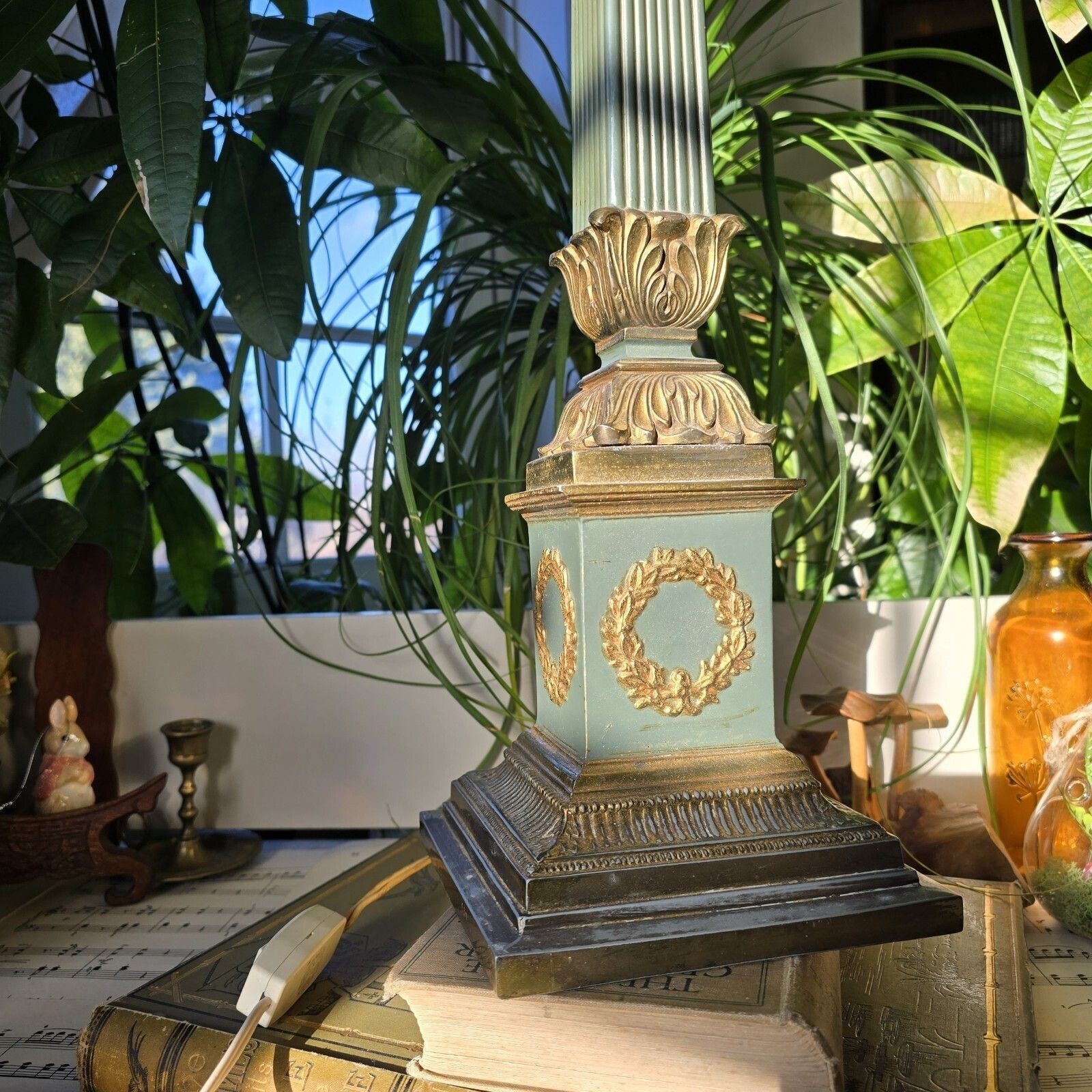 235.0 Antique French Table Lamp 19th Century Empire Column Ornate Green Gold Rare photo
