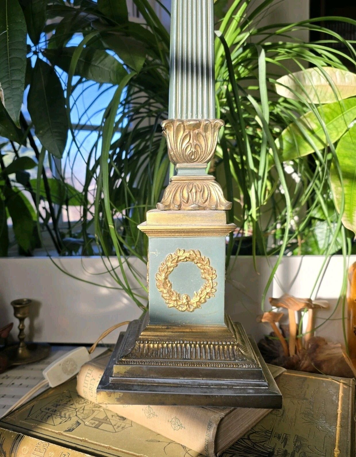 photo vinterior Antique French Table Lamp 19th Century Empire Column Ornate Green Gold Rare