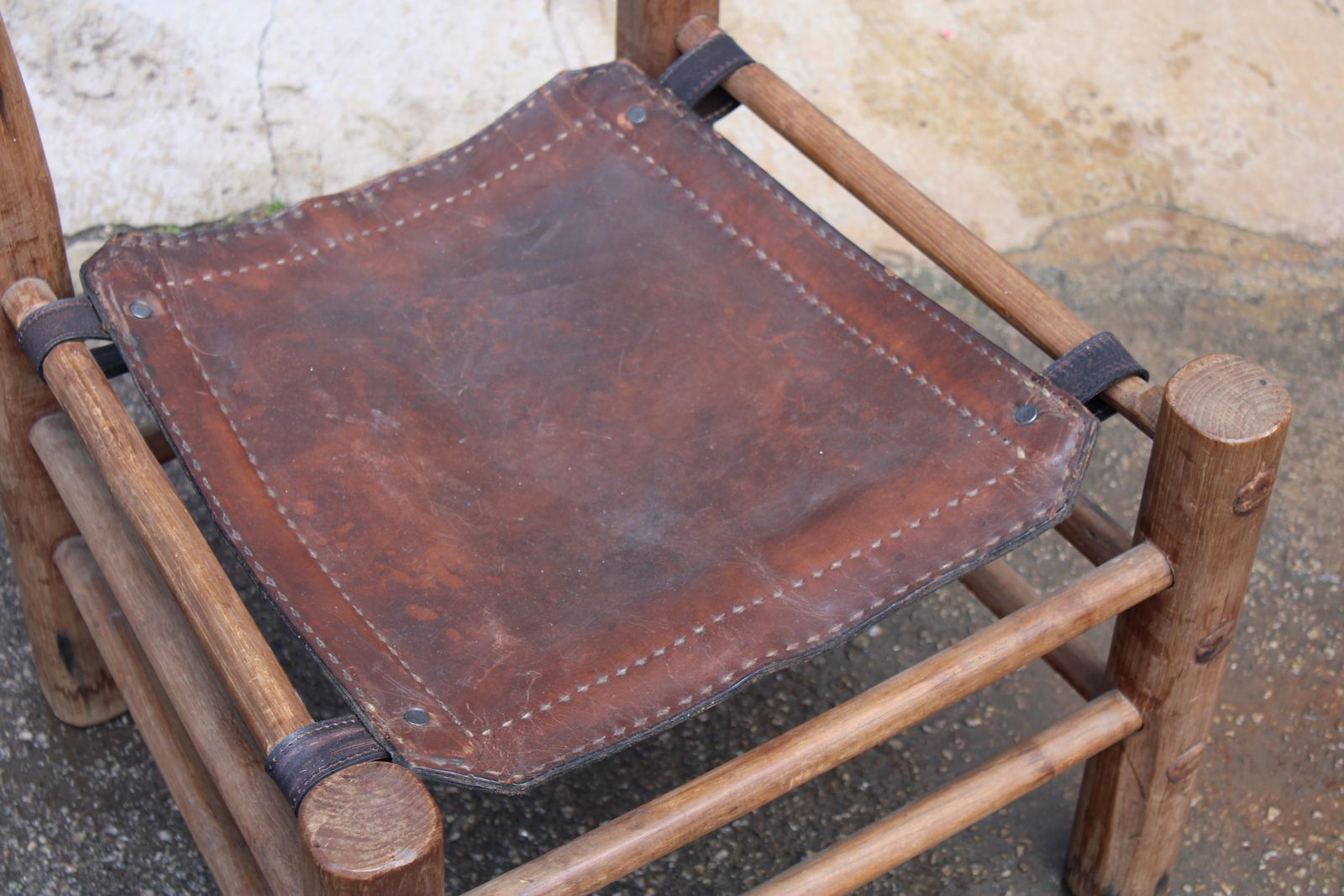 Furniture Pair Of Wooden And Leather Chairs Safary Italy 1960 photo