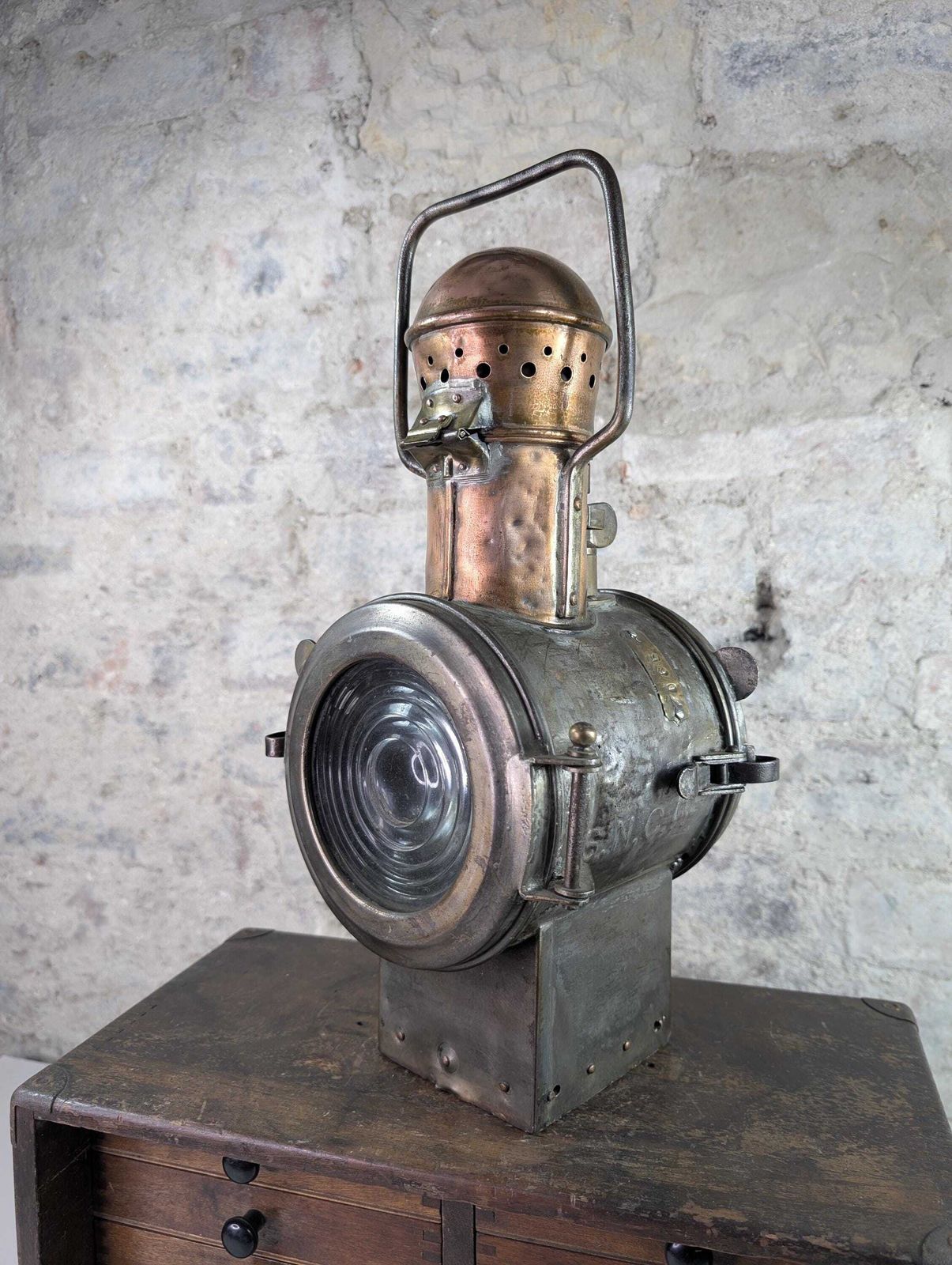 Rare 1930s Sncf Railway Signal Lamp – Early French Train Lantern – Copper & Steel Industrial Light – Original Working Antique photo furniture