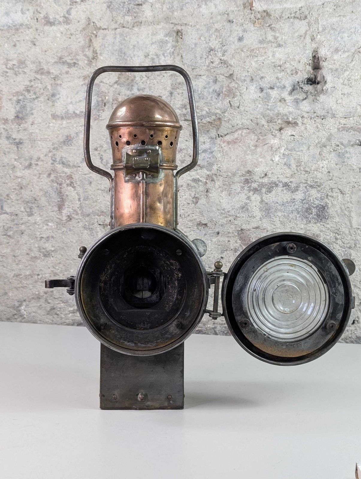 320.0 Rare 1930s Sncf Railway Signal Lamp – Early French Train Lantern – Copper & Steel Industrial Light – Original Working Antique photo