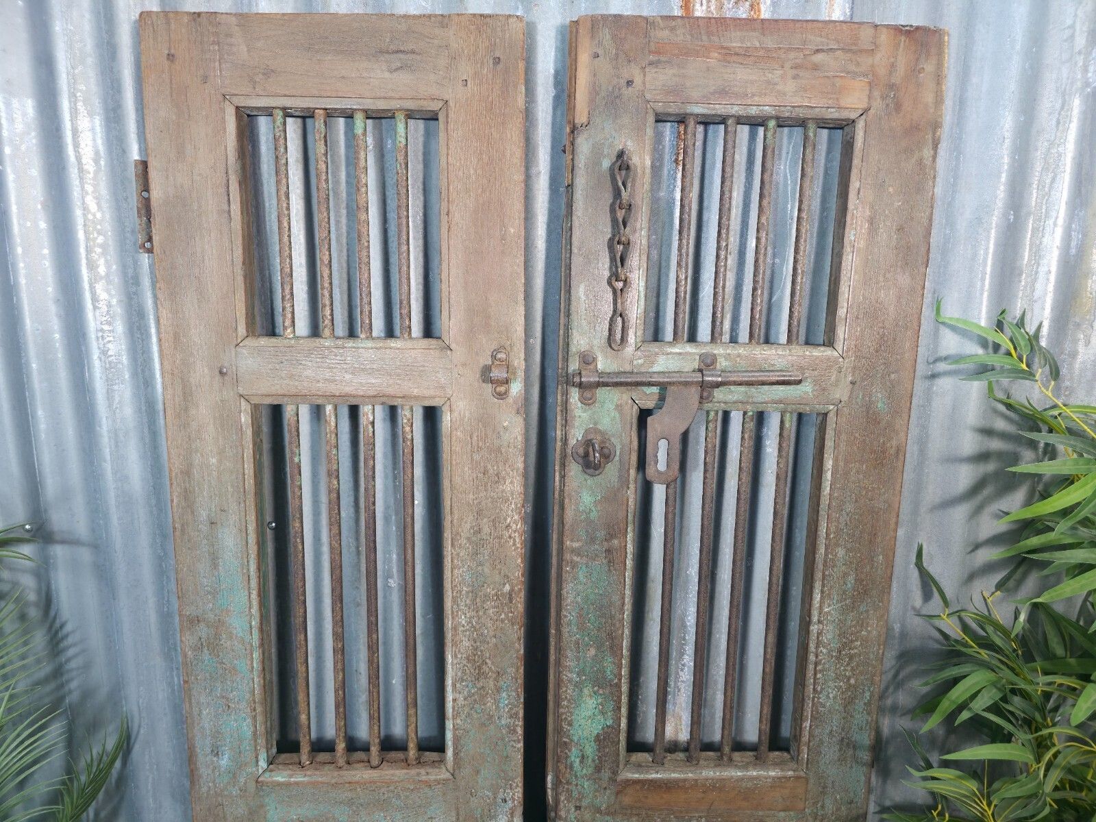Pair Vintage Rustic Indian Wooden Iron Doors Garden Gates Room Divider Screen photo Home Fixtures