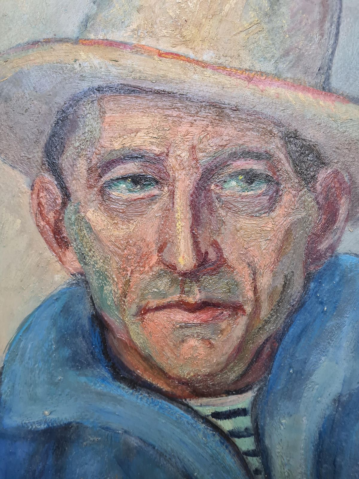 Jean Perret Man In A Hat, Signed Oil Portrait, Mid Century photo furniture