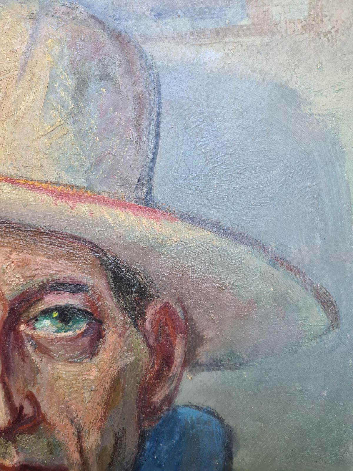 Jean Perret Man In A Hat, Signed Oil Portrait, Mid Century photo vinterior
