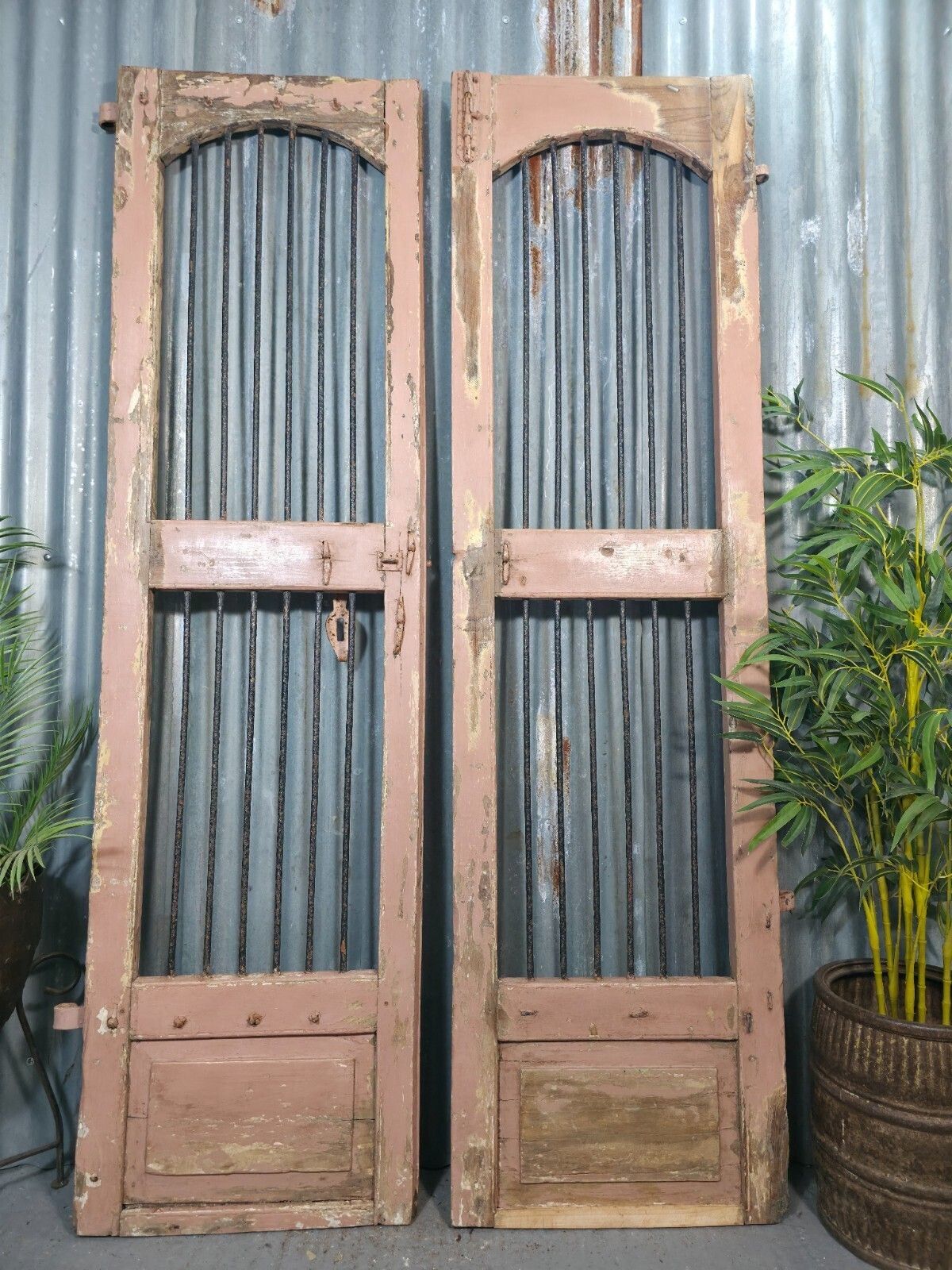Pair Vintage Rustic Indian Wooden Iron Doors Garden Gates Room Divider Screen photo vintage