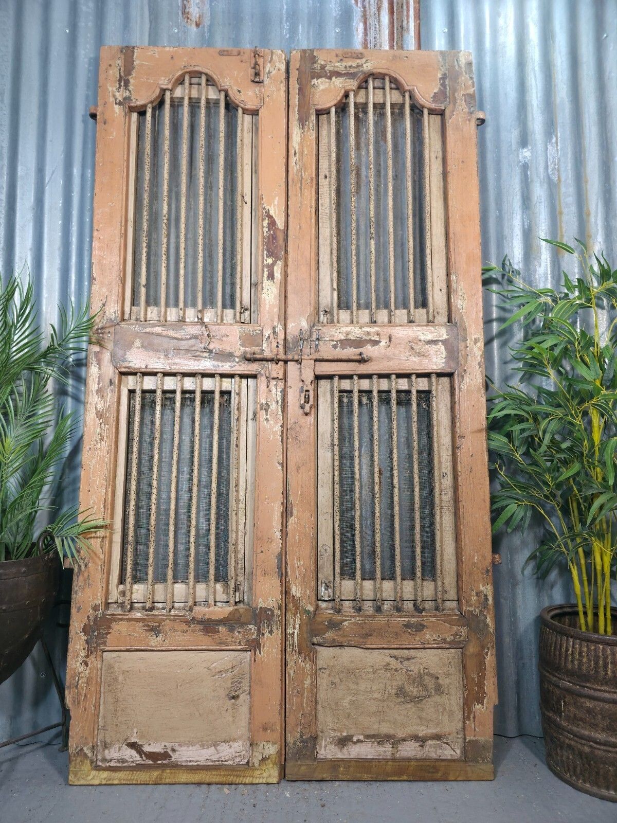 Pair Vintage Rustic Indian Wooden Iron Doors Garden Gates Room Divider Screen photo furniture