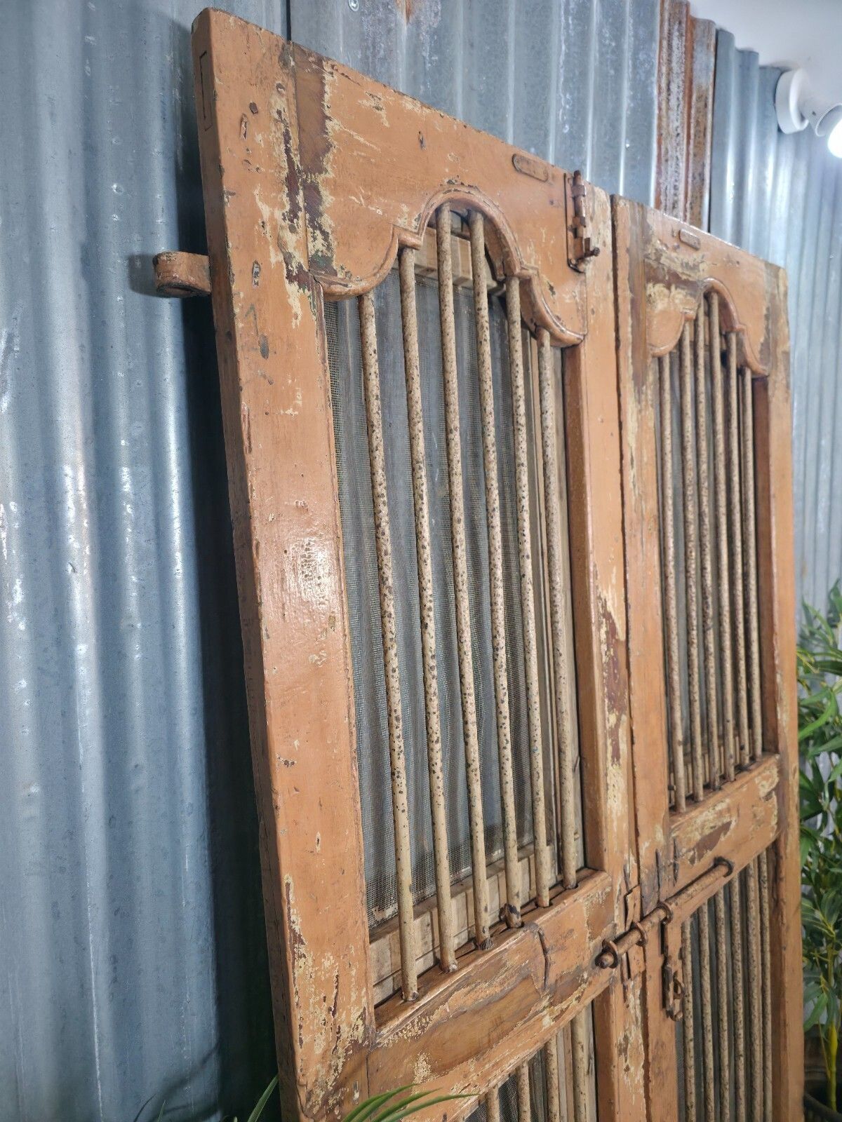 Pair Vintage Rustic Indian Wooden Iron Doors Garden Gates Room Divider Screen photo vinterior