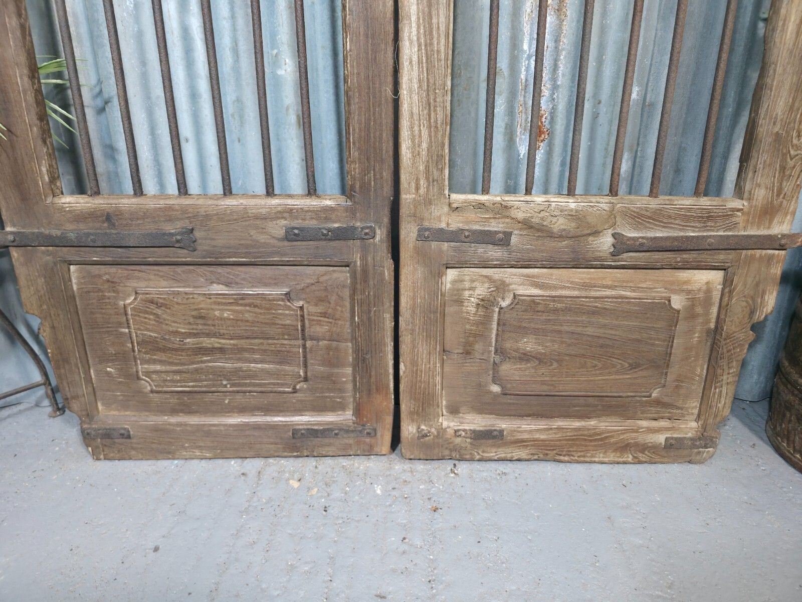 Pair Vintage Rustic Indian Wooden Iron Doors Garden Gates Room Divider Screen photo for sale