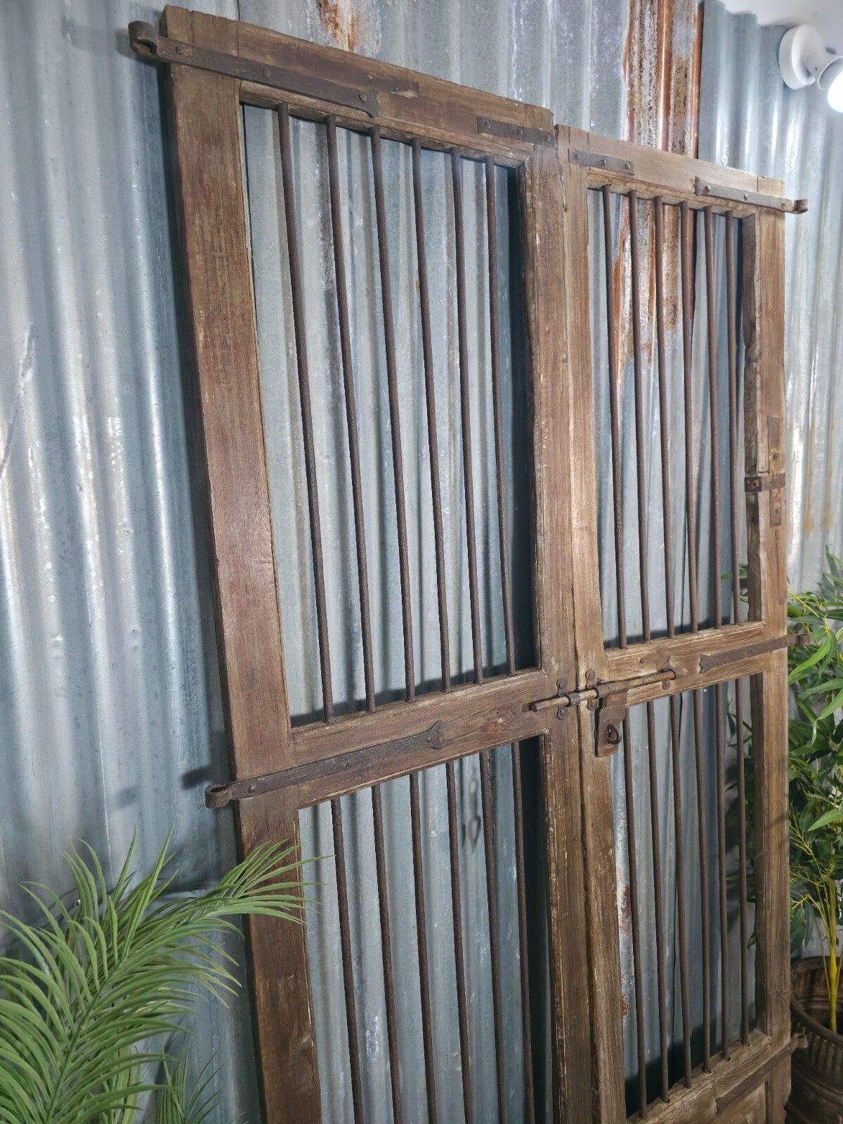 Pair Vintage Rustic Indian Wooden Iron Doors Garden Gates Room Divider Screen photo vinterior