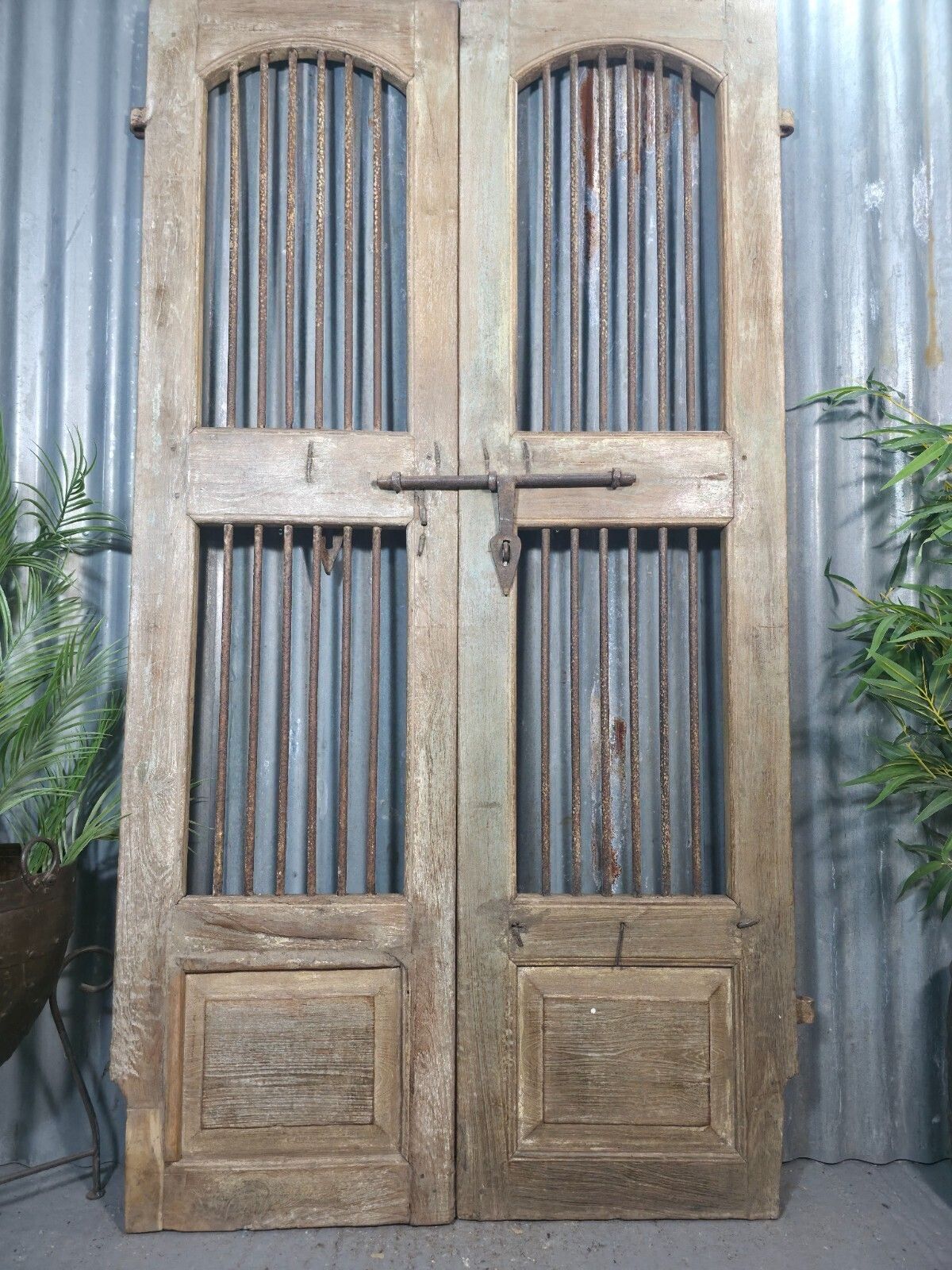Pair Vintage Rustic Indian Wooden Iron Doors Garden Gates Room Divider Screen photo furniture