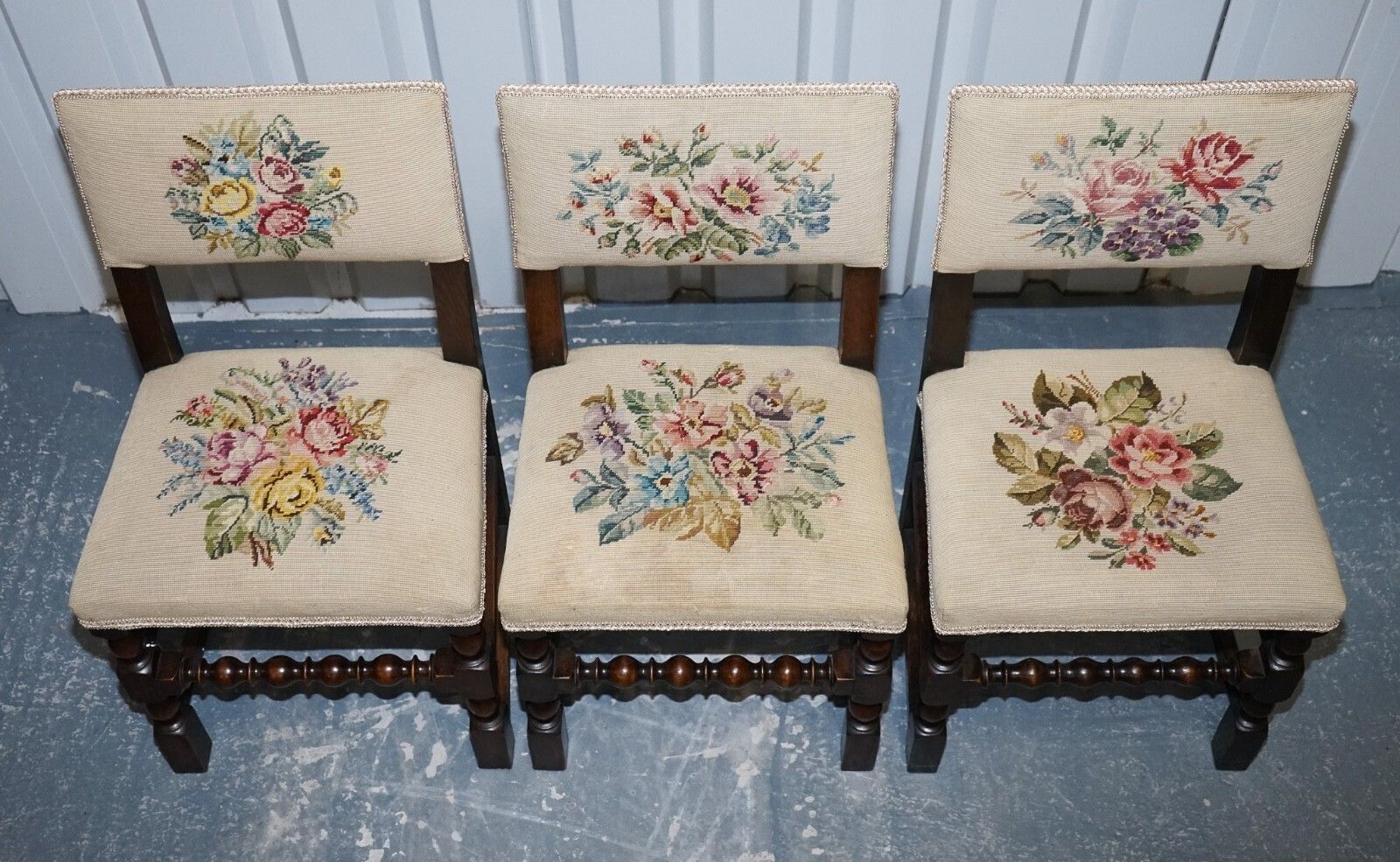 950.0 English Victorian Set Of Six Original Floral Tapestry Upholstery Dinning Chairs photo