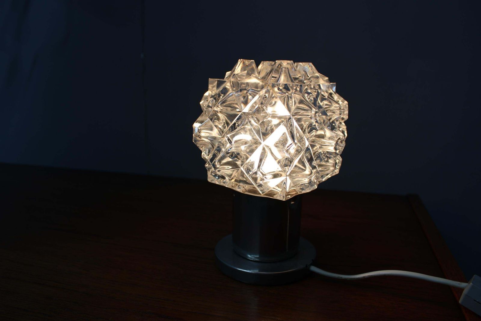 photo for sale Mid Century Czech Crystal Glass Table Lamp, 1970s Chrome Base
