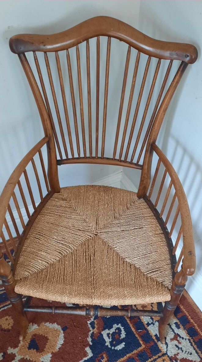 8th Or 19th Century Antique Spindle Back Rush Seat Elbow Chair Arts And Crafts photo 235.0