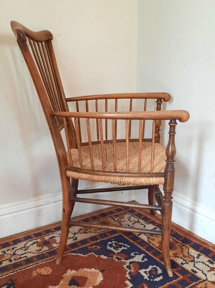8th Or 19th Century Antique Spindle Back Rush Seat Elbow Chair Arts And Crafts photo vinterior