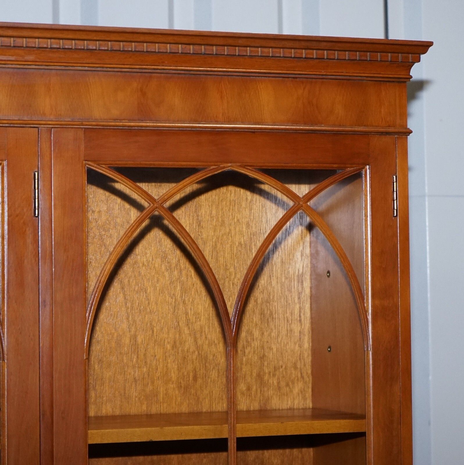 Vintage English Burr Yew Wood 3 Door Glazed Display Bookcase Cabinet photo vinterior