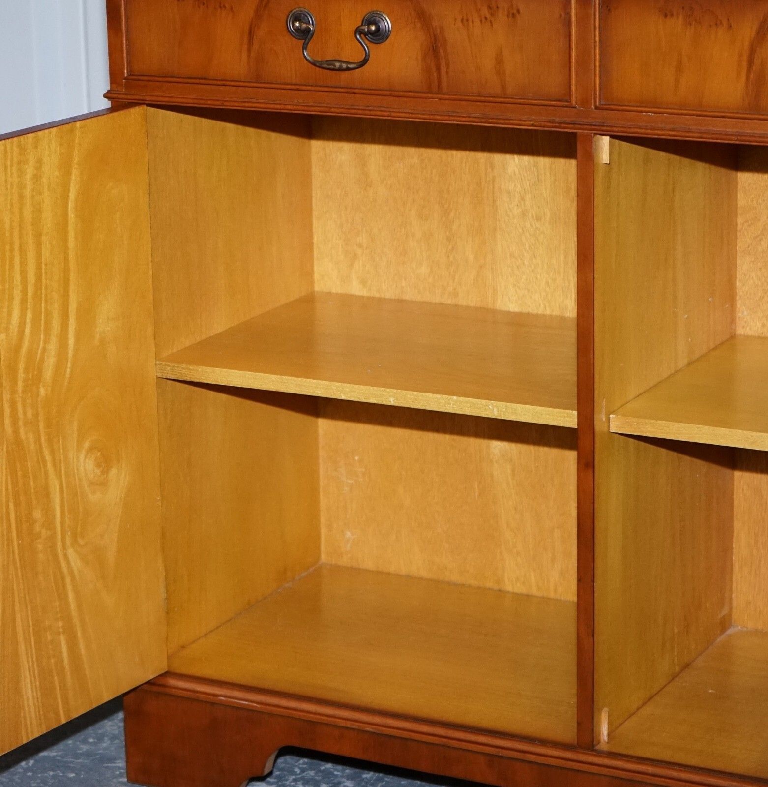 photo buy Vintage English Burr Yew Wood 3 Door Glazed Display Bookcase Cabinet