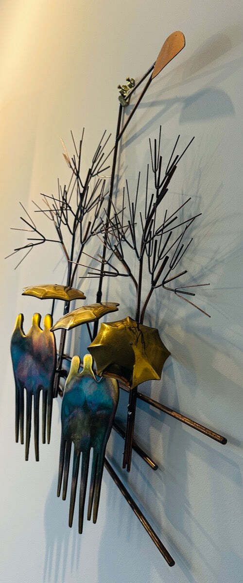 1970s Brutalist "Rainy Day" By R. Richèse Brass & Copper 3 D Wall Hanging Art photo vintage