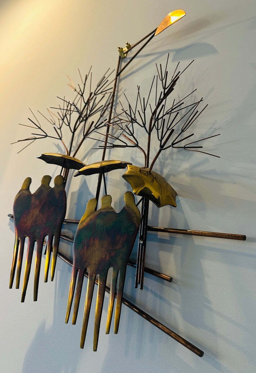 345.0 1970s Brutalist "Rainy Day" By R. Richèse Brass & Copper 3 D Wall Hanging Art photo