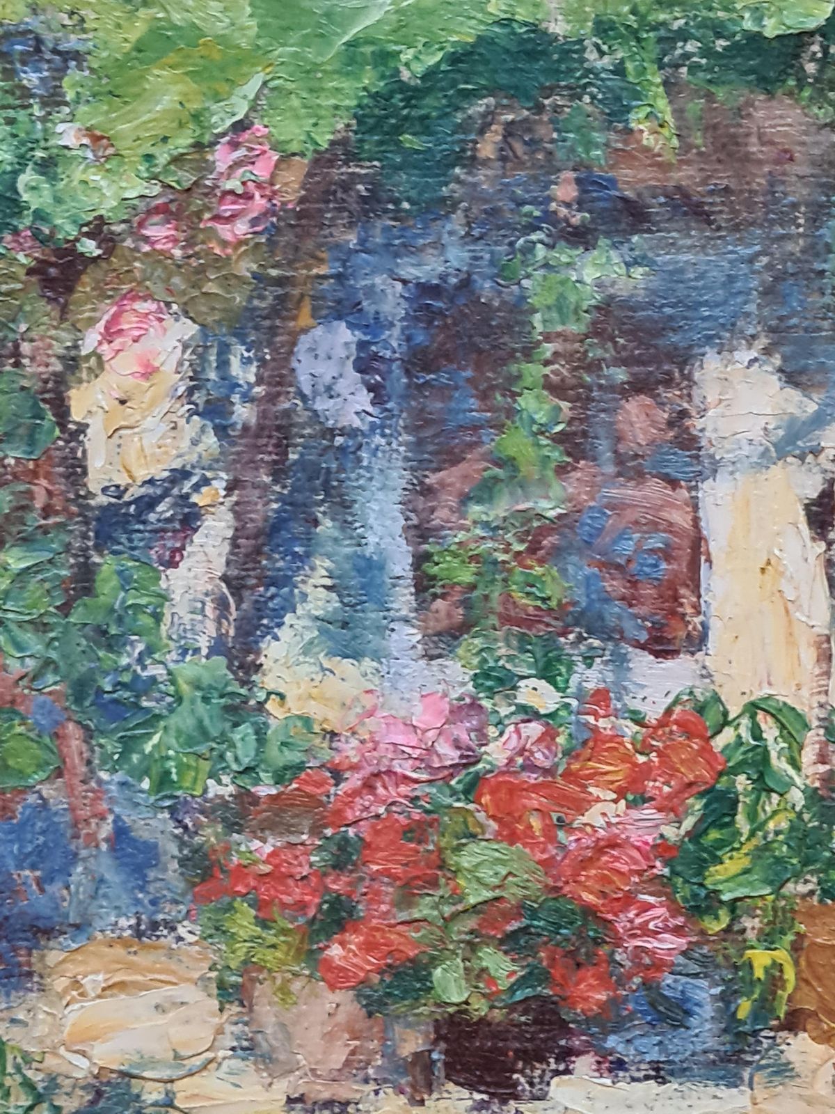 The Geraniums Impressionist Oil Painting On Board, Late 20th Century photo for sale