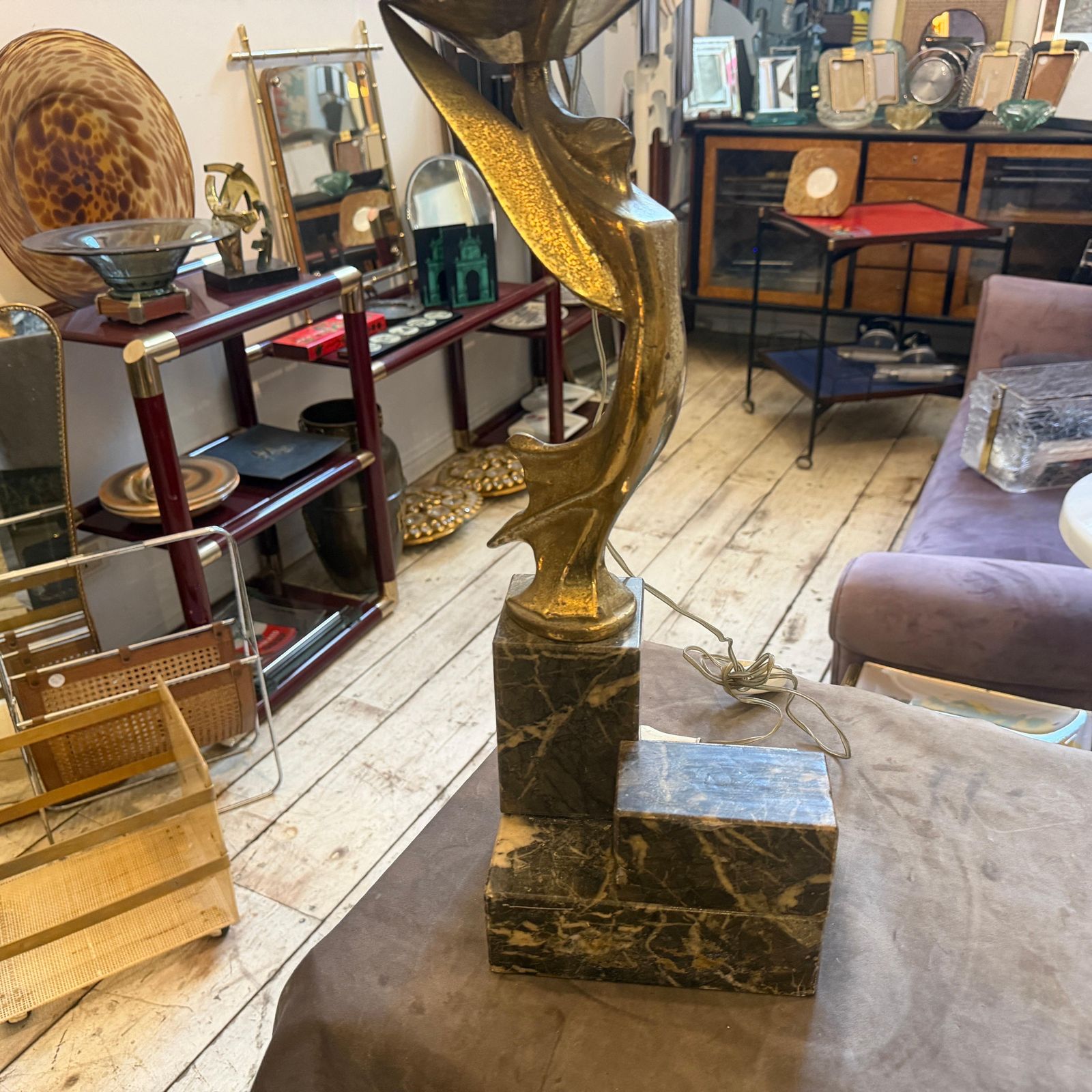 photo buy 1930s Art Deco Black Marble, Gilded Metal And Milk Glass Italian Table Lamp