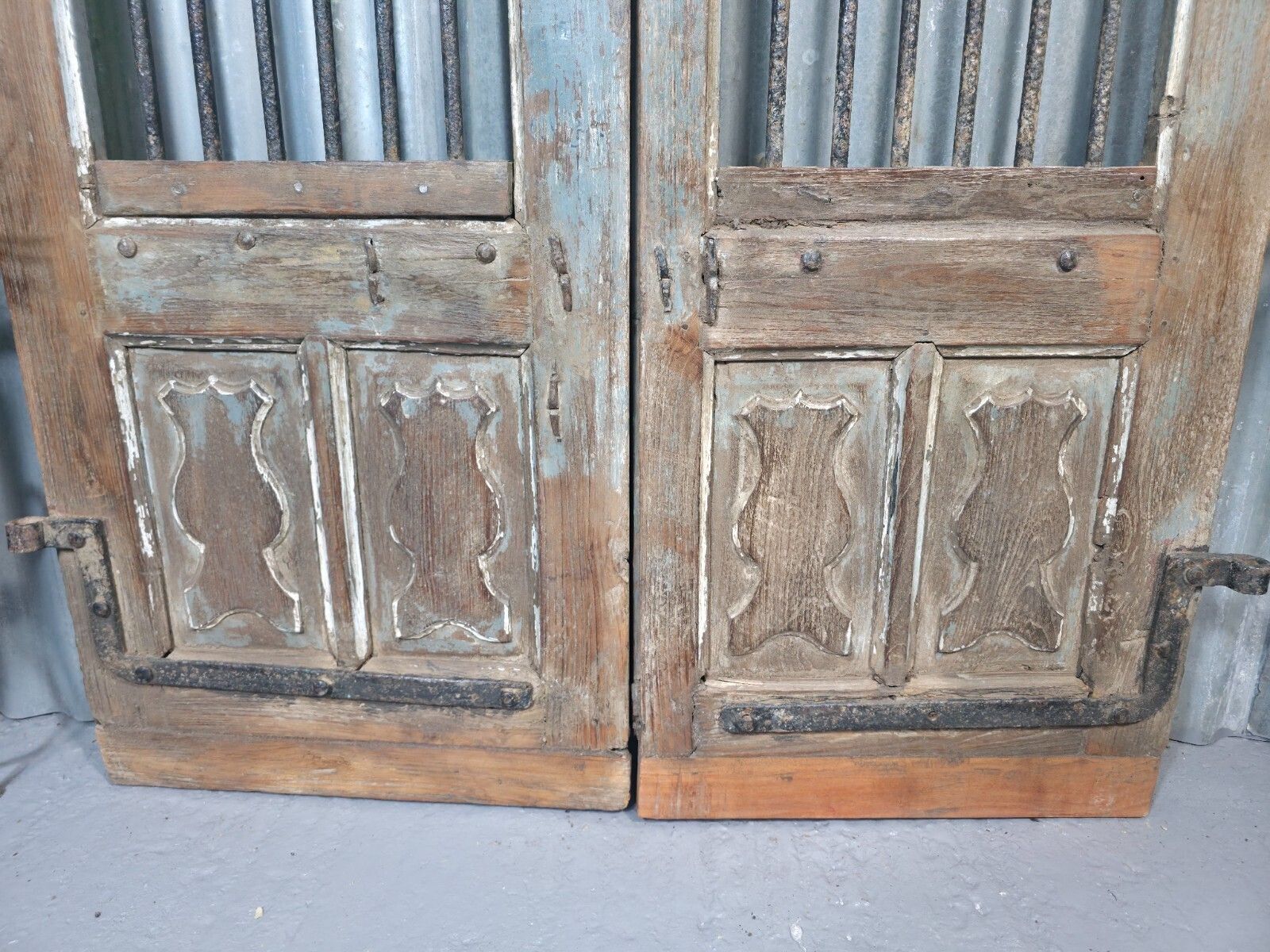 Pair Vintage Rustic Indian Wooden Iron Doors Garden Gates Room Divider Screen photo for sale