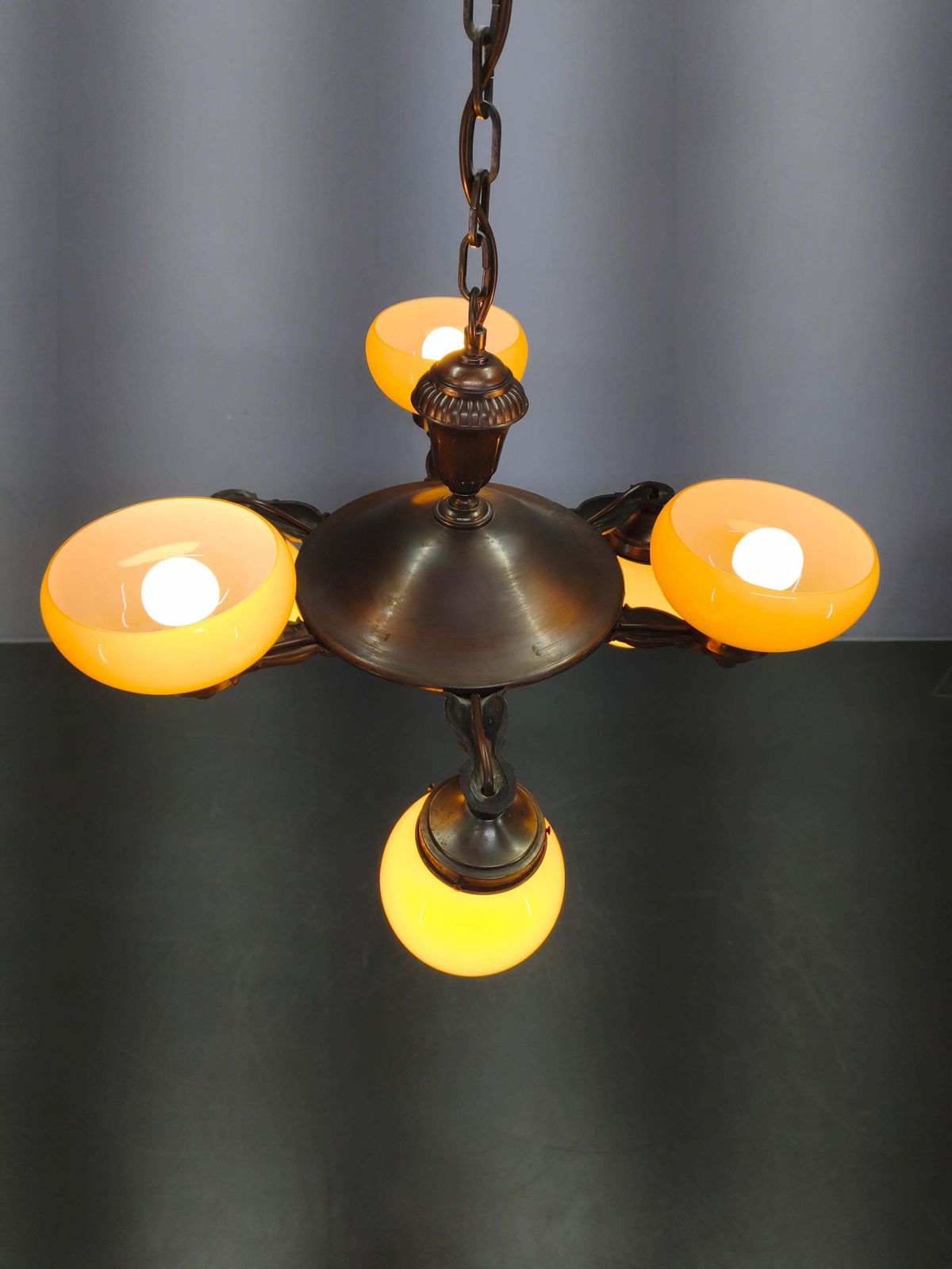 Art Deco Czech Brass Chandelier With Cream Glass, 1920s photo buy