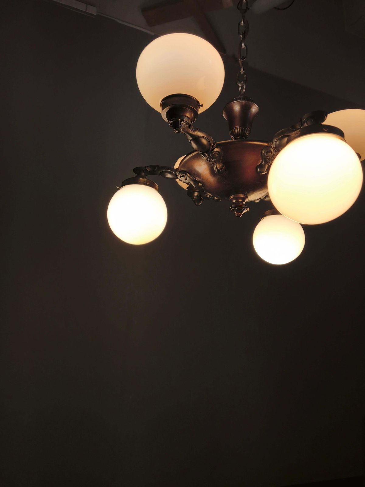 photo furniture Art Deco Czech Brass Chandelier With Cream Glass, 1920s